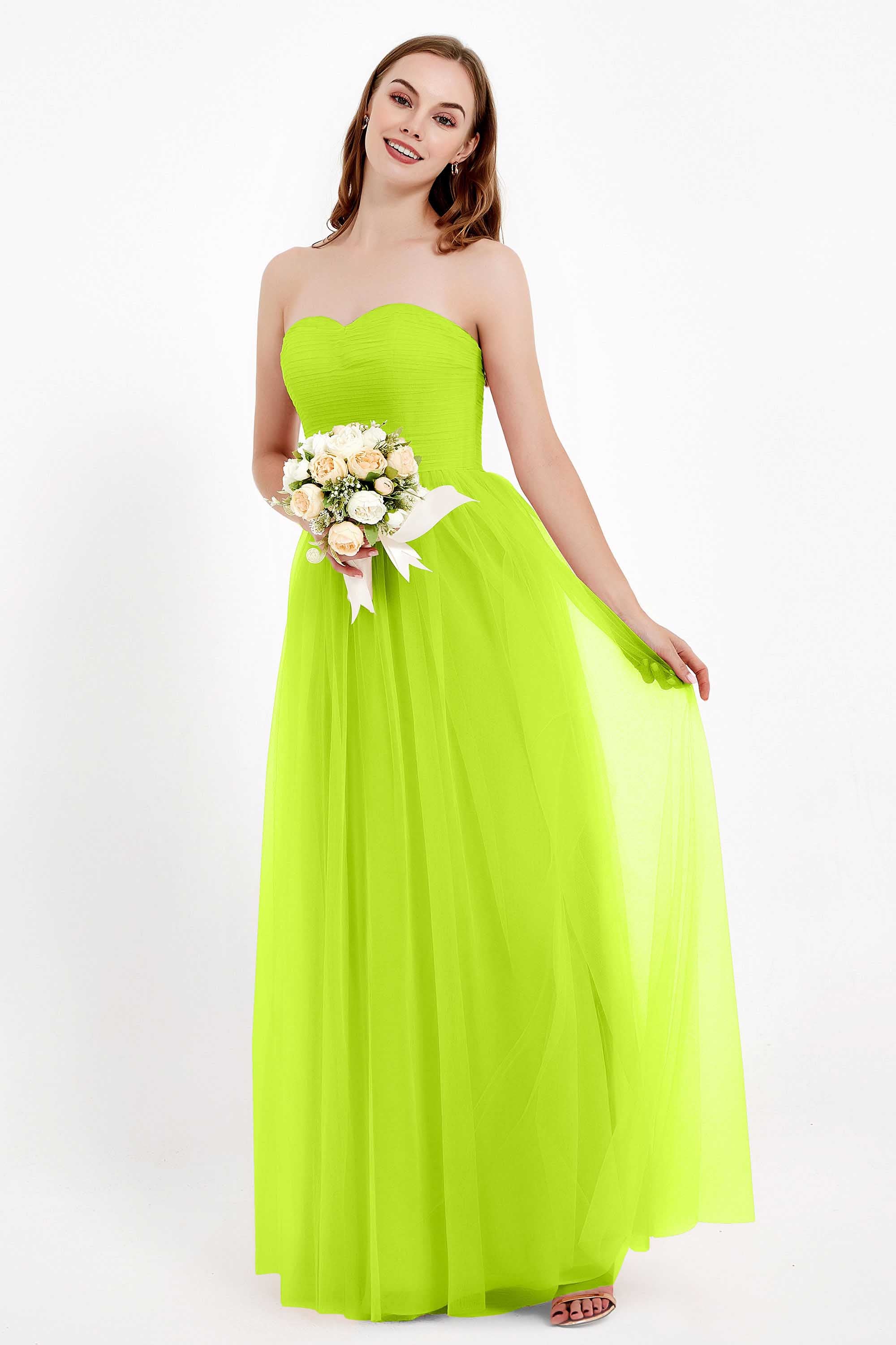 Sweetheart Neckline Tulle Bridesmaid Dress Long Pleated Ruched Formal Evening Gowns Dresses