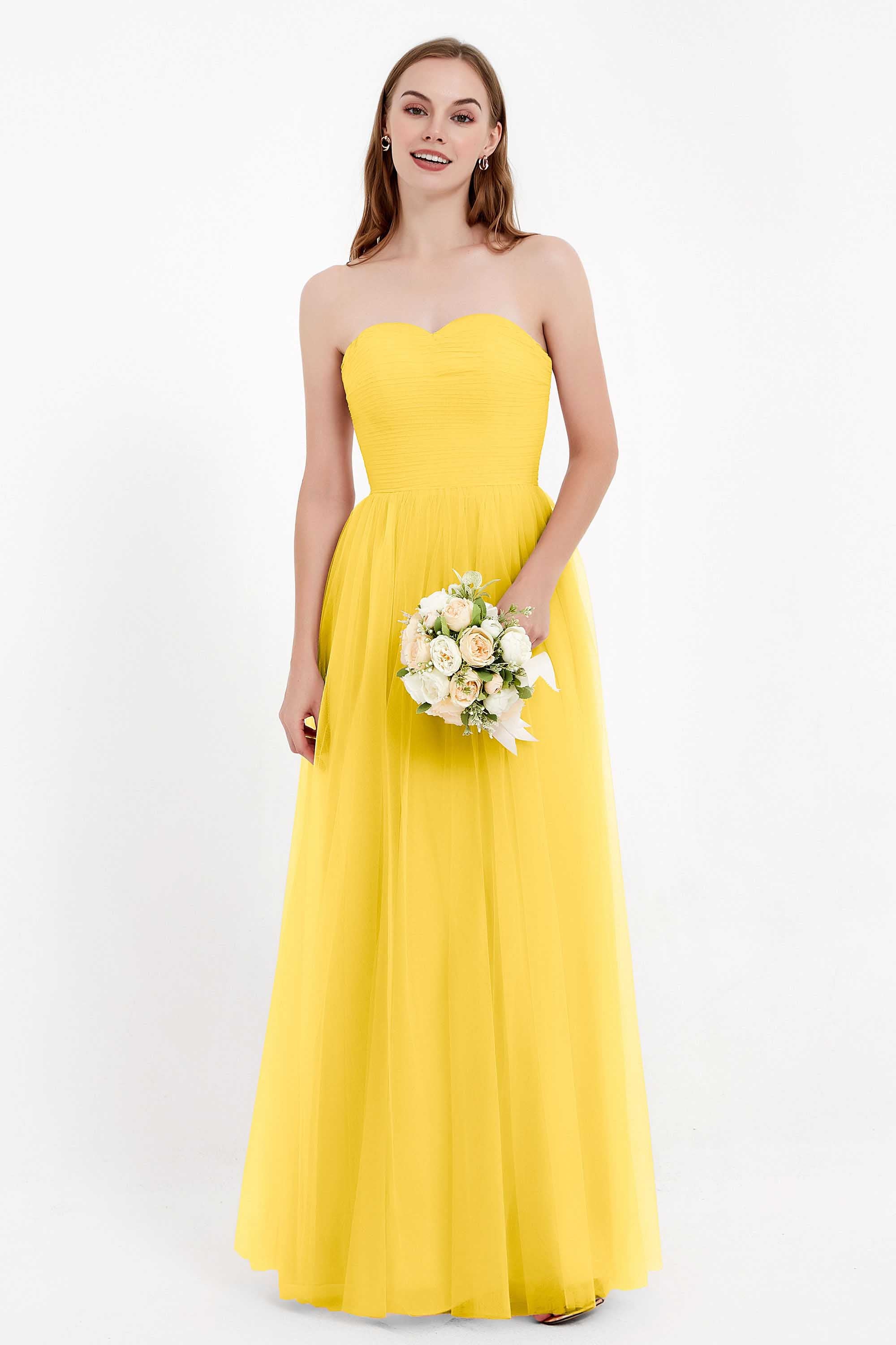 Sweetheart Neckline Tulle Bridesmaid Dress Long Pleated Ruched Formal Evening Gowns Dresses