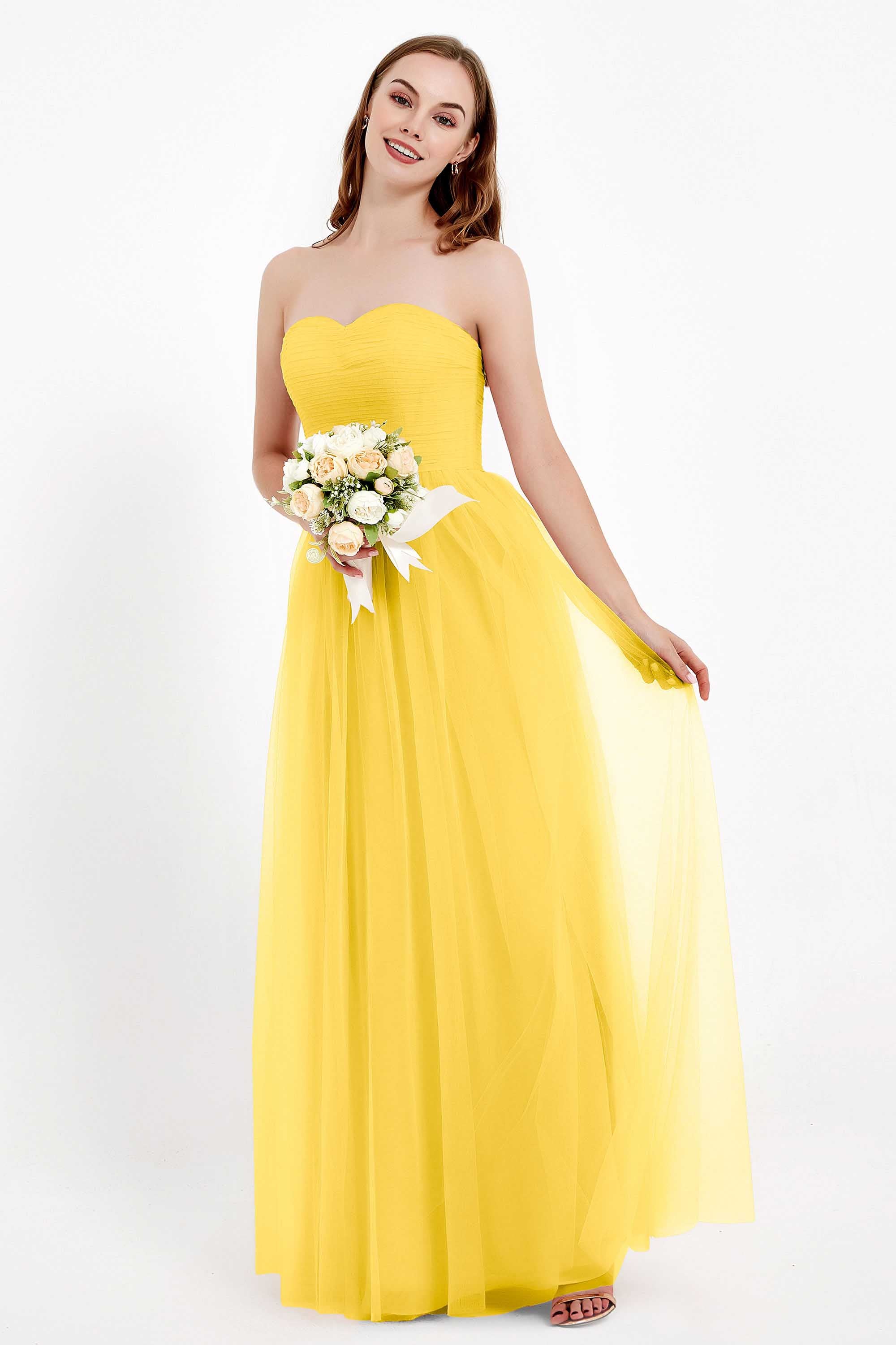 Sweetheart Neckline Tulle Bridesmaid Dress Long Pleated Ruched Formal Evening Gowns Dresses
