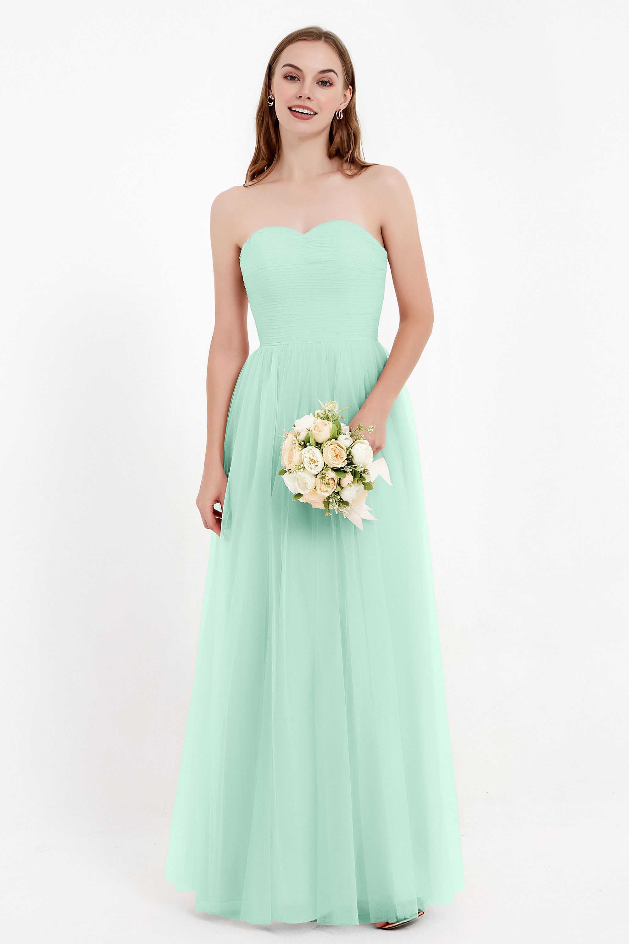 Sweetheart Neckline Tulle Bridesmaid Dress Long Pleated Ruched Formal Evening Gowns Dresses