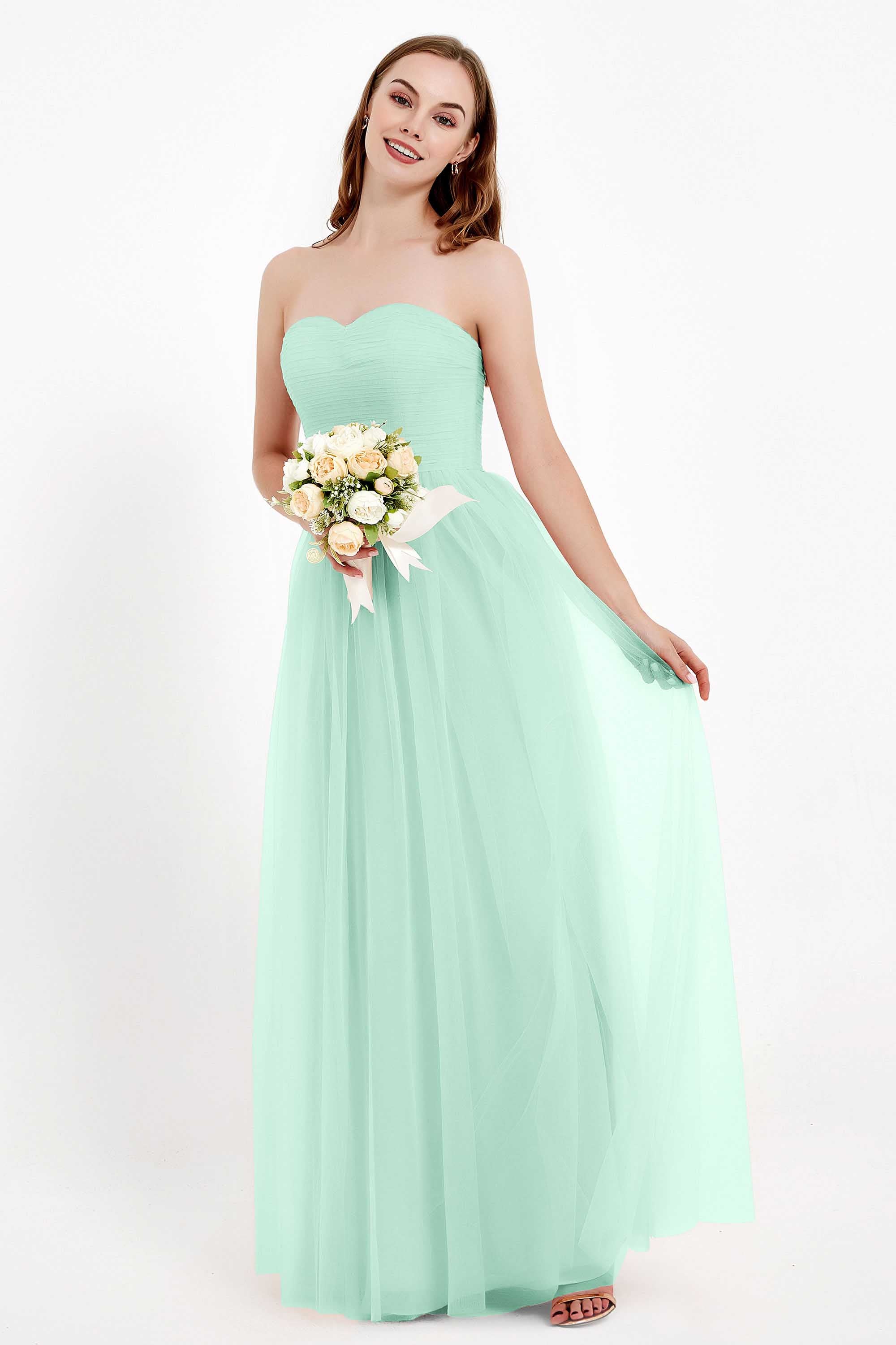 Sweetheart Neckline Tulle Bridesmaid Dress Long Pleated Ruched Formal Evening Gowns Dresses