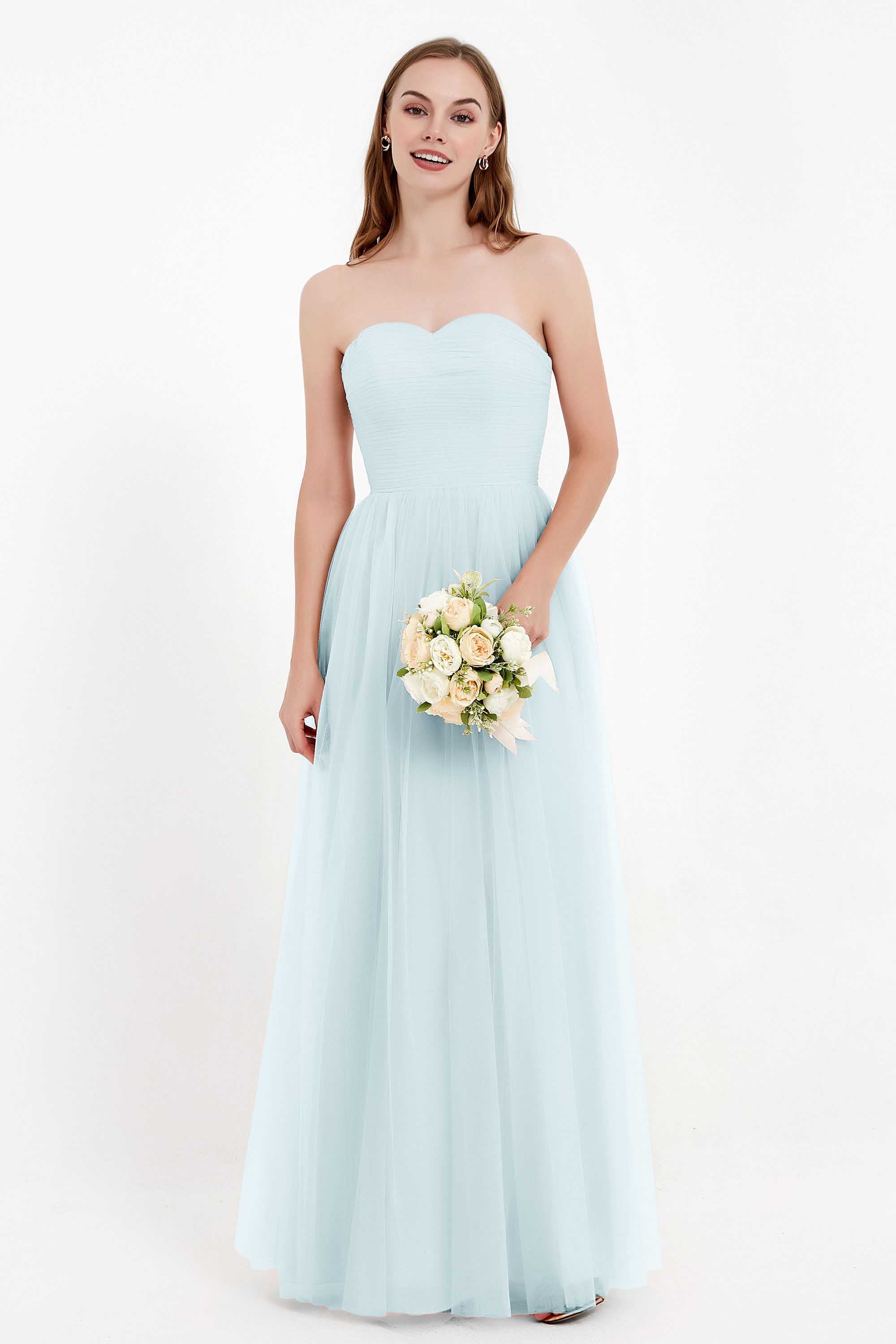 Sweetheart Neckline Tulle Bridesmaid Dress Long Pleated Ruched Formal Evening Gowns Dresses