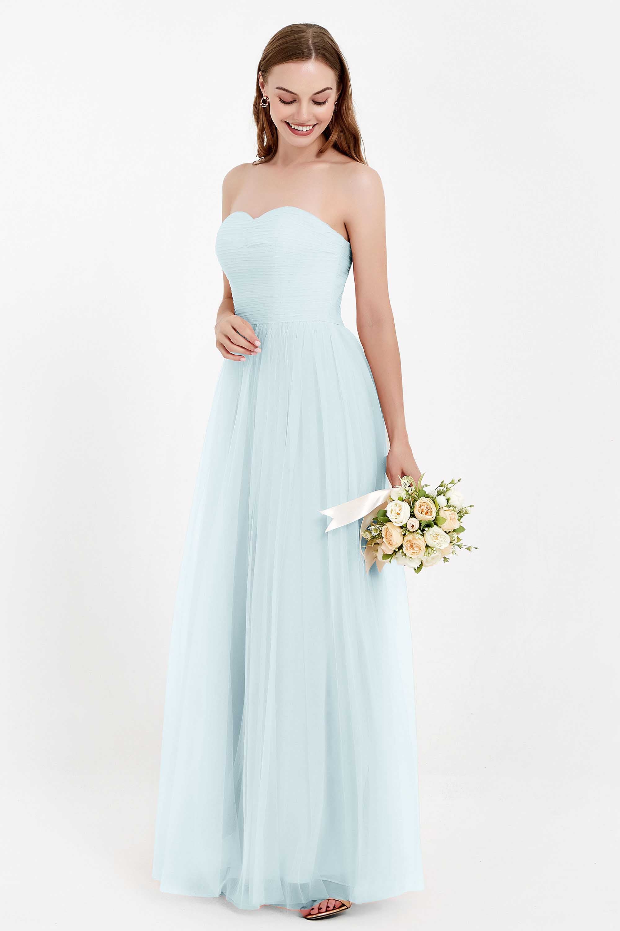 Sweetheart Neckline Tulle Bridesmaid Dress Long Pleated Ruched Formal Evening Gowns Dresses