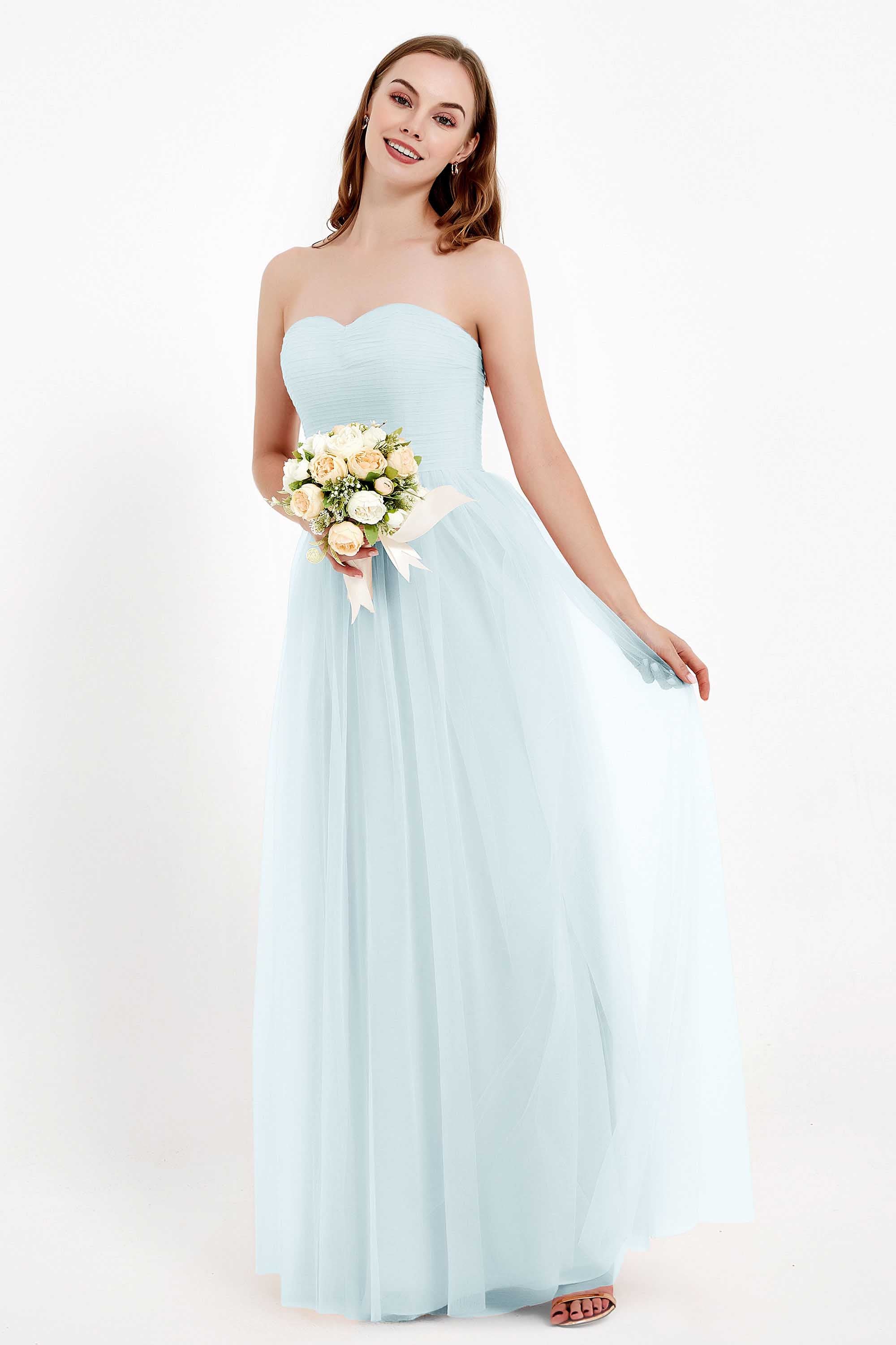 Sweetheart Neckline Tulle Bridesmaid Dress Long Pleated Ruched Formal Evening Gowns Dresses