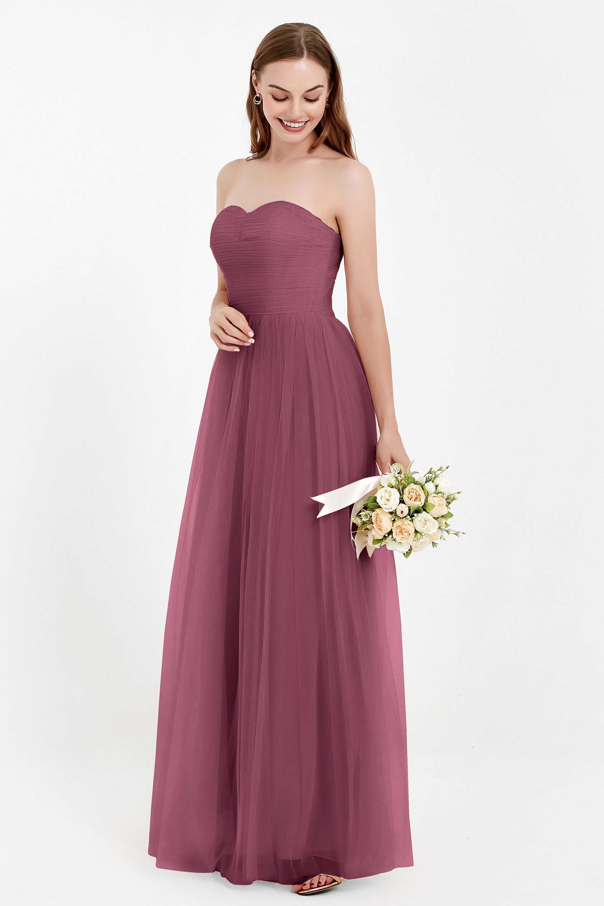 Sweetheart Neckline Tulle Bridesmaid Dress Long Pleated Ruched Formal Evening Gowns Dresses