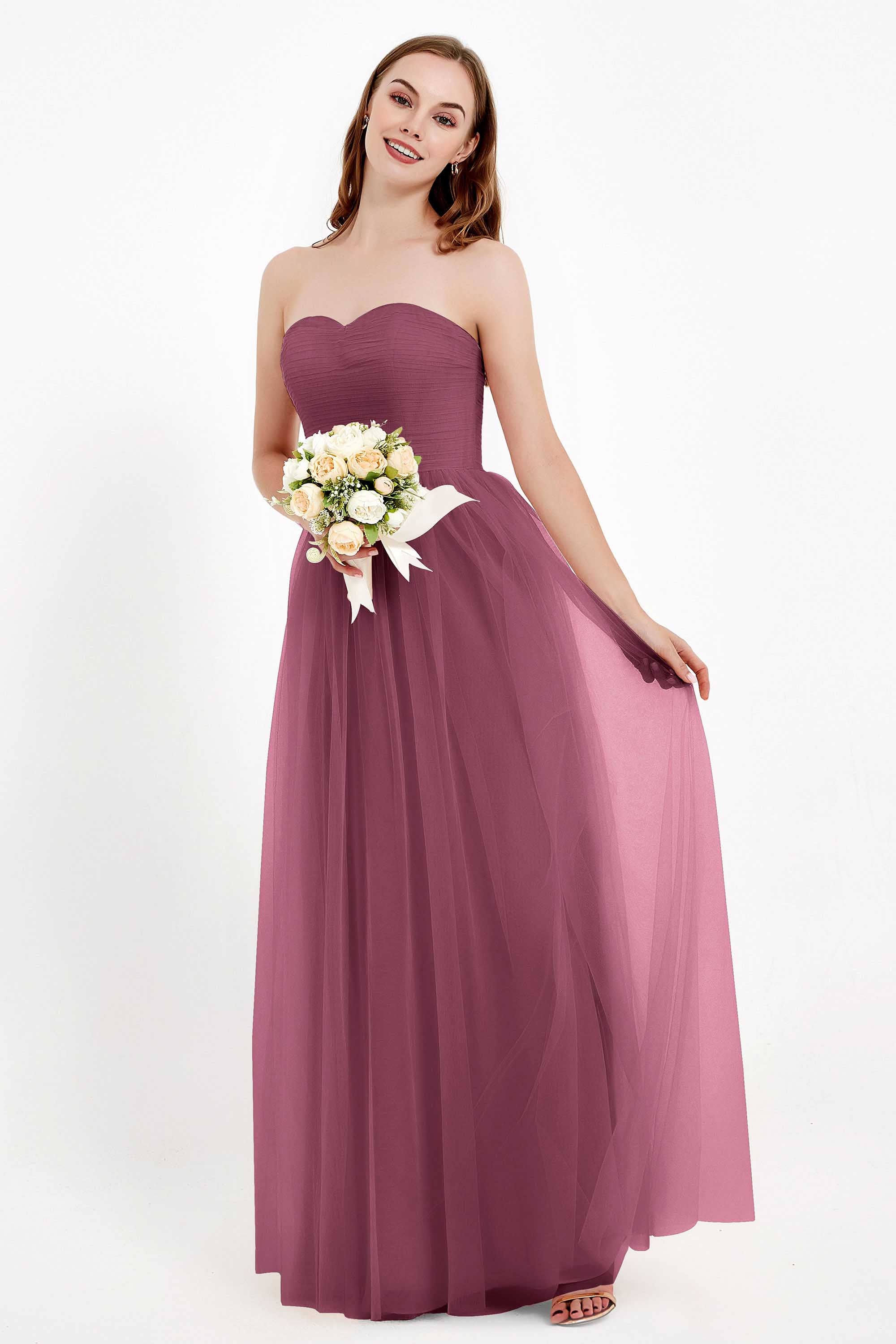 Sweetheart Neckline Tulle Bridesmaid Dress Long Pleated Ruched Formal Evening Gowns Dresses