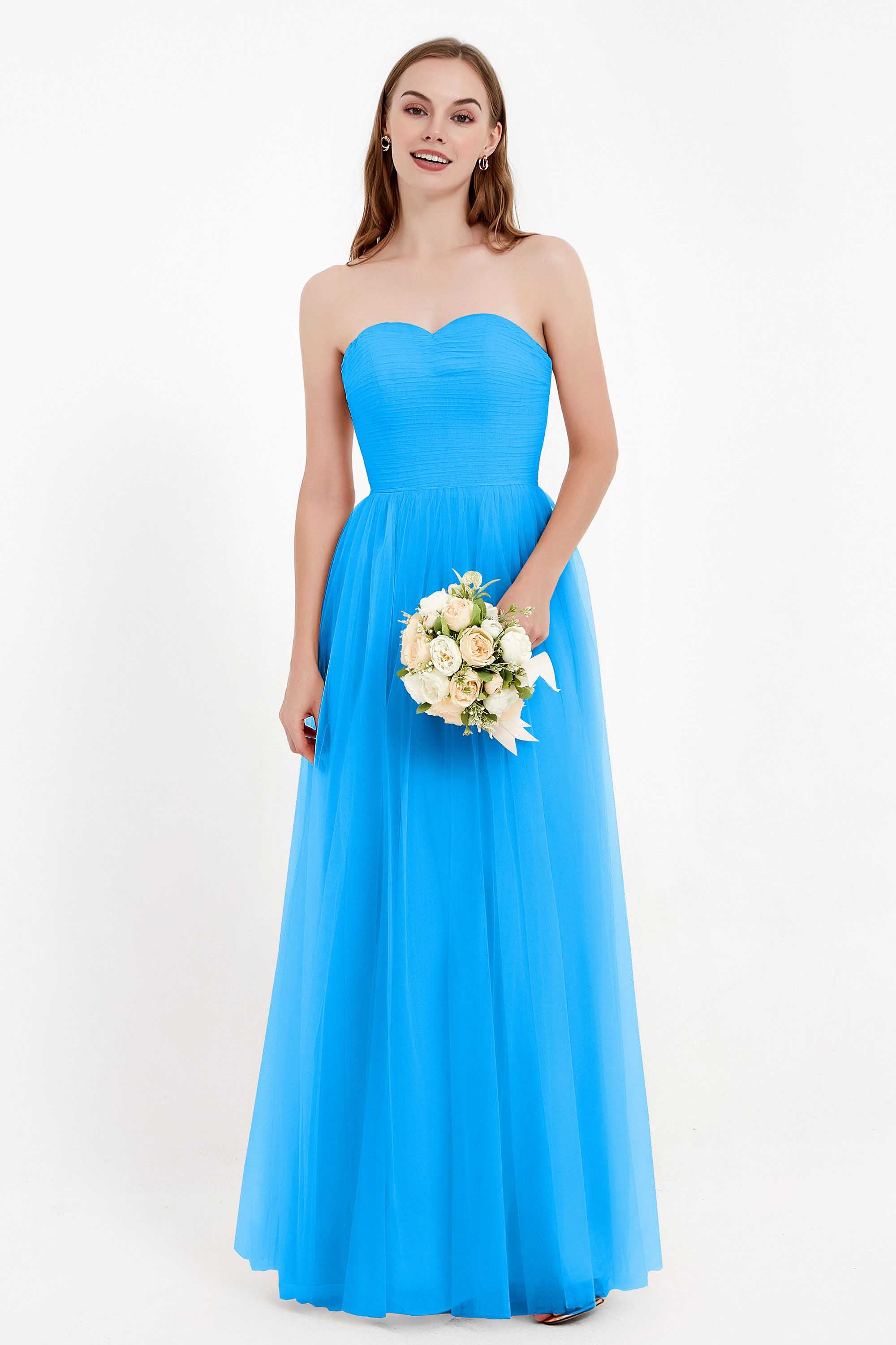 Sweetheart Neckline Tulle Bridesmaid Dress Long Pleated Ruched Formal Evening Gowns Dresses