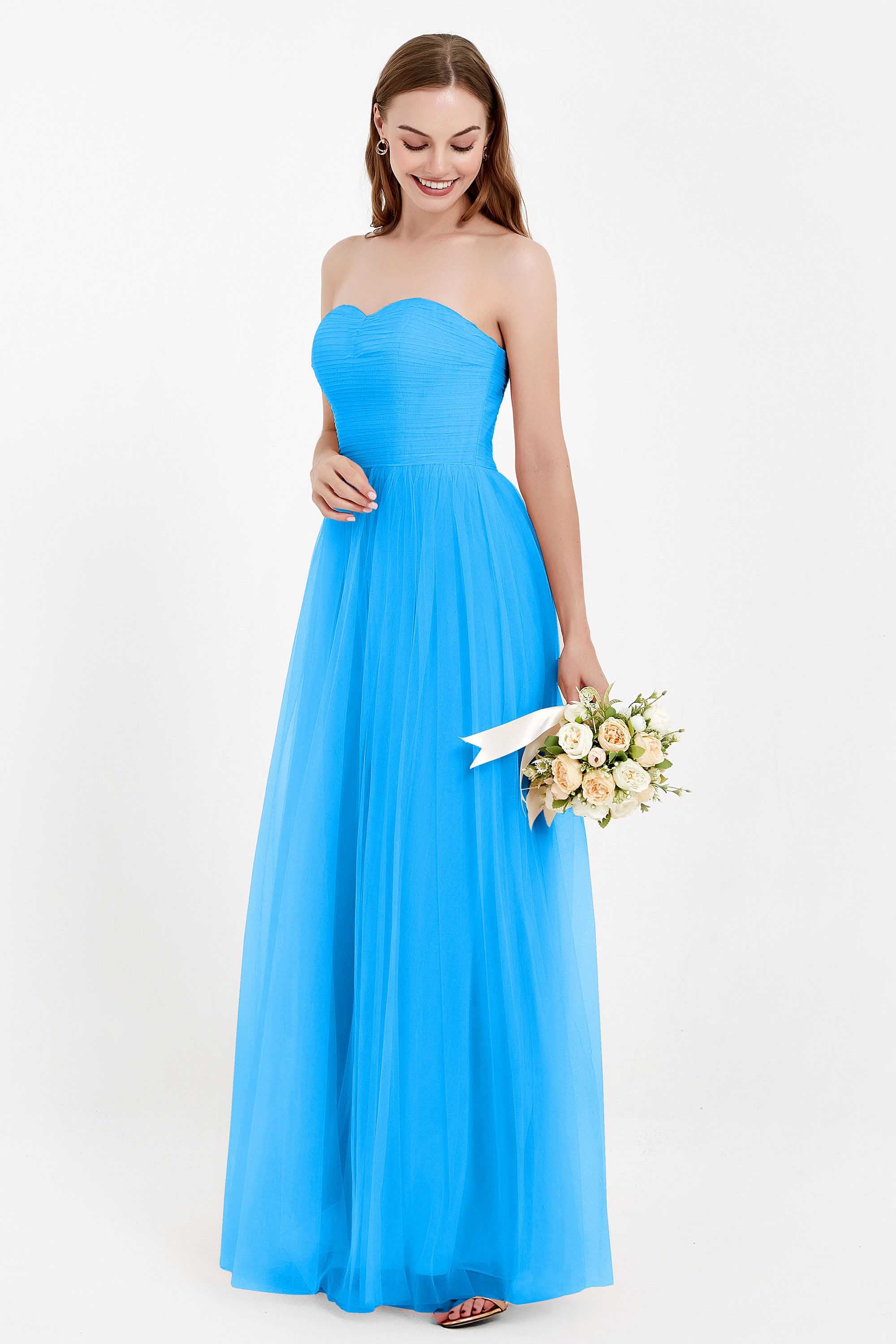 Sweetheart Neckline Tulle Bridesmaid Dress Long Pleated Ruched Formal Evening Gowns Dresses