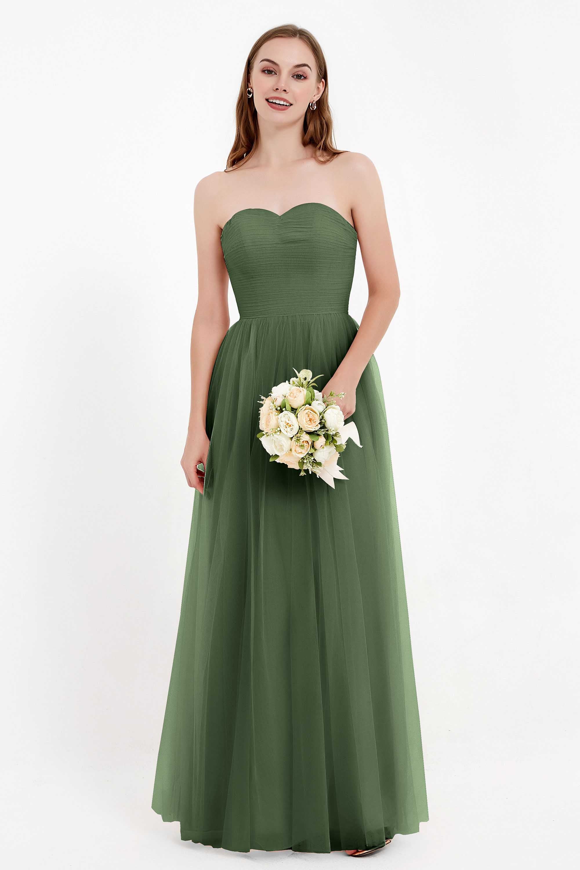 Sweetheart Neckline Tulle Bridesmaid Dress Long Pleated Ruched Formal Evening Gowns Dresses