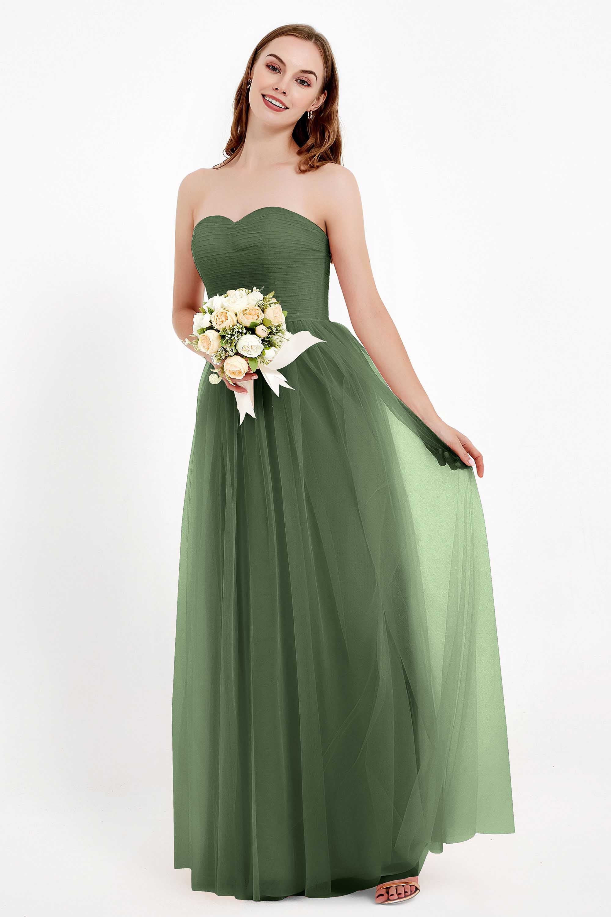 Sweetheart Neckline Tulle Bridesmaid Dress Long Pleated Ruched Formal Evening Gowns Dresses