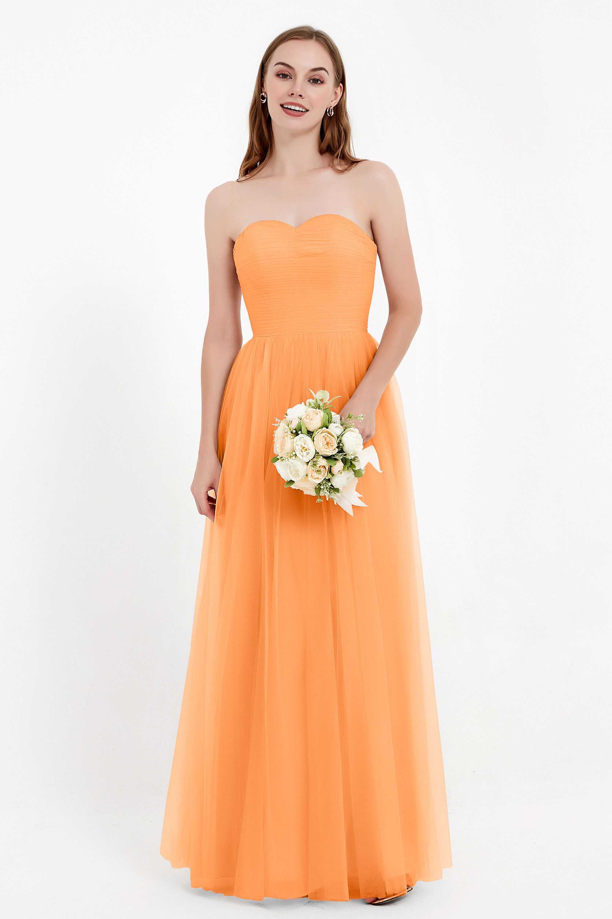 Sweetheart Neckline Tulle Bridesmaid Dress Long Pleated Ruched Formal Evening Gowns Dresses