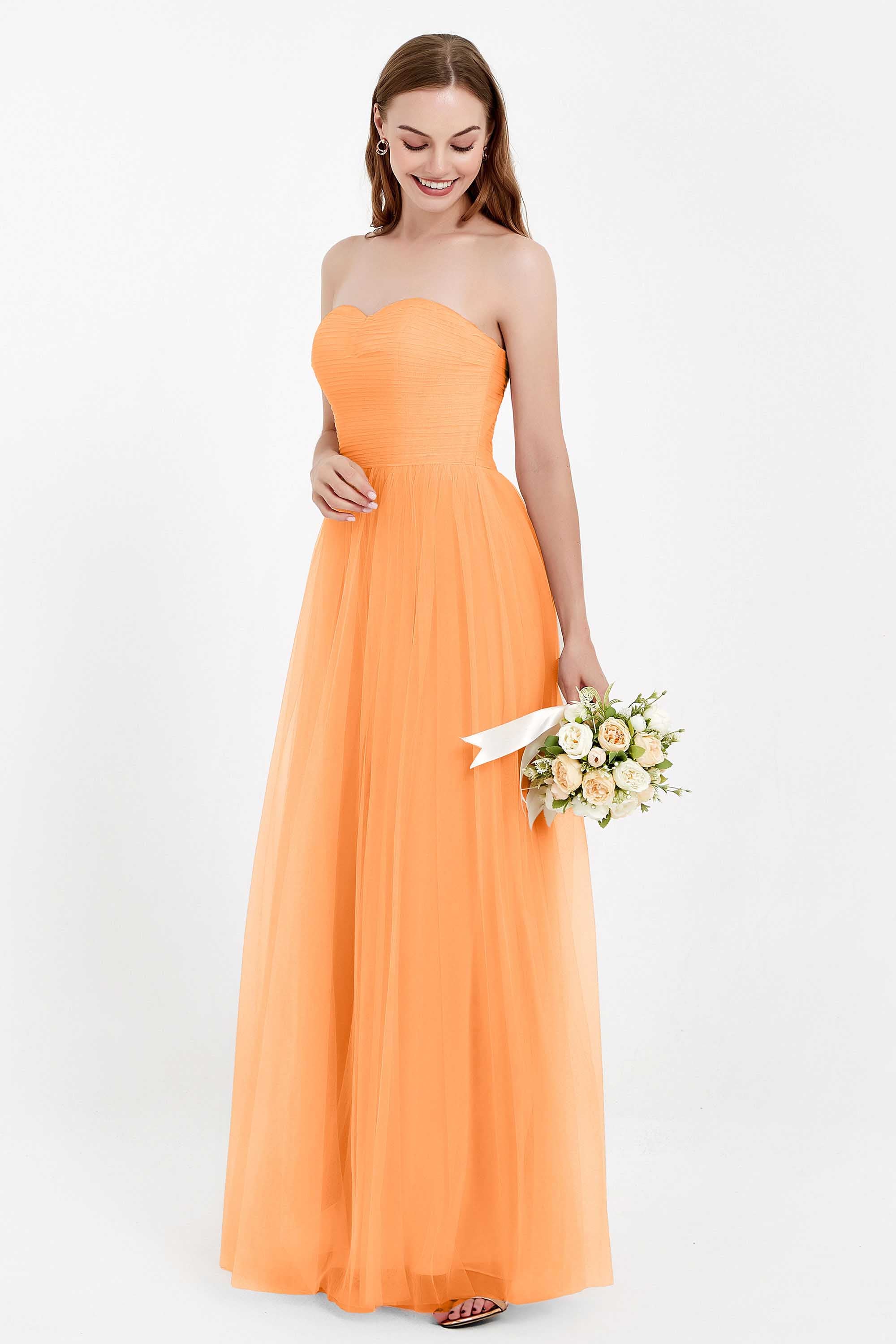 Sweetheart Neckline Tulle Bridesmaid Dress Long Pleated Ruched Formal Evening Gowns Dresses