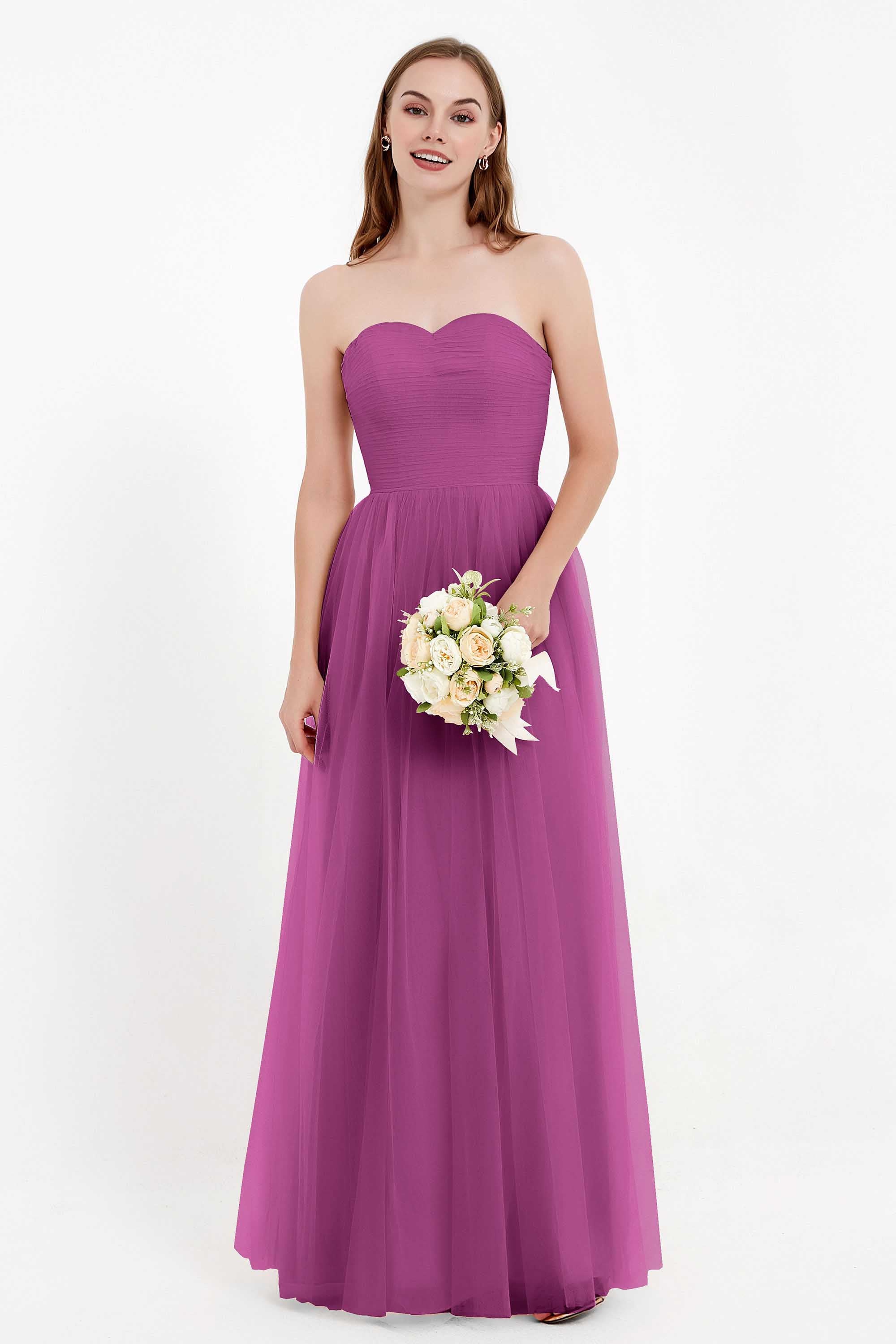 Sweetheart Neckline Tulle Bridesmaid Dress Long Pleated Ruched Formal Evening Gowns Dresses