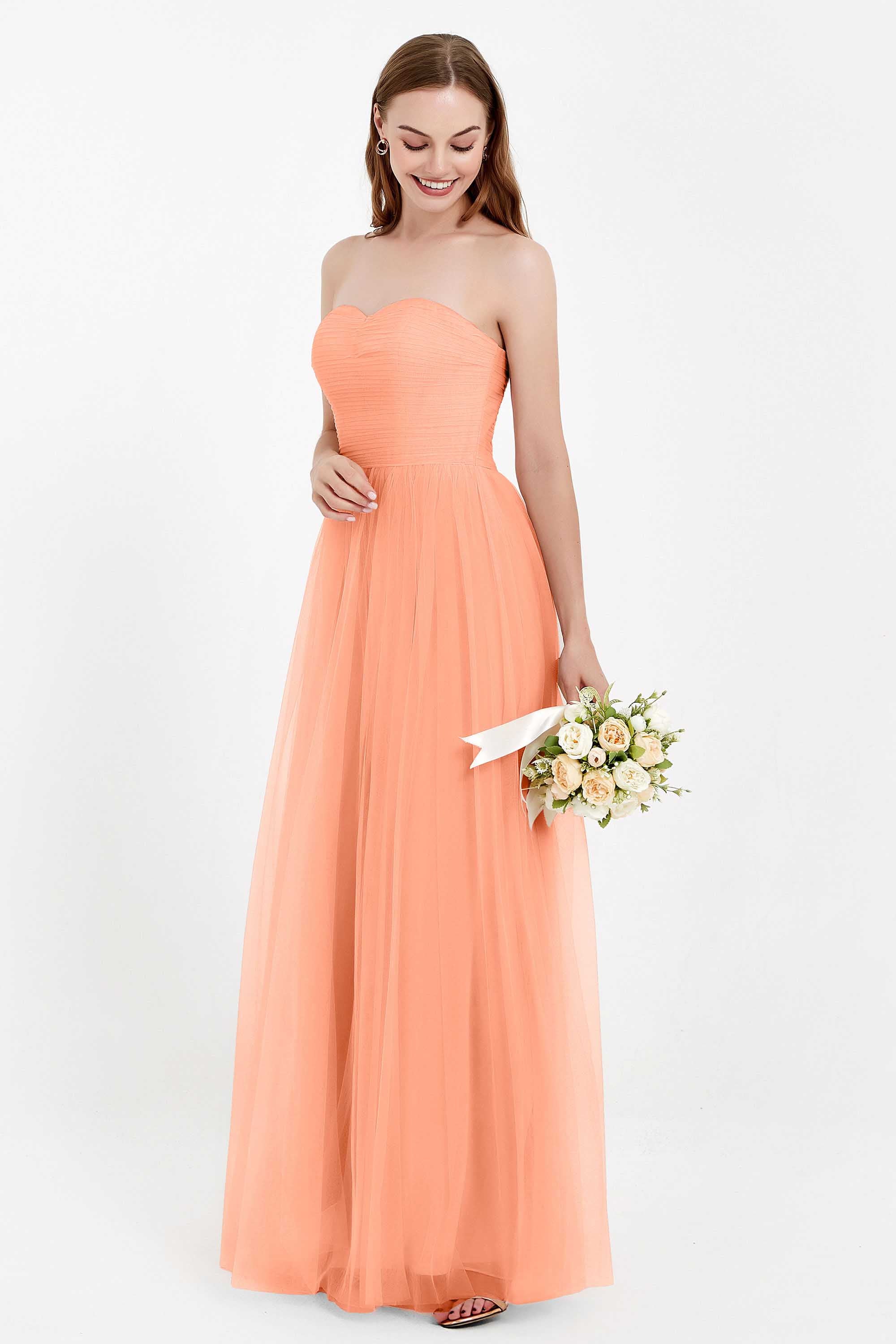 Sweetheart Neckline Tulle Bridesmaid Dress Long Pleated Ruched Formal Evening Gowns Dresses