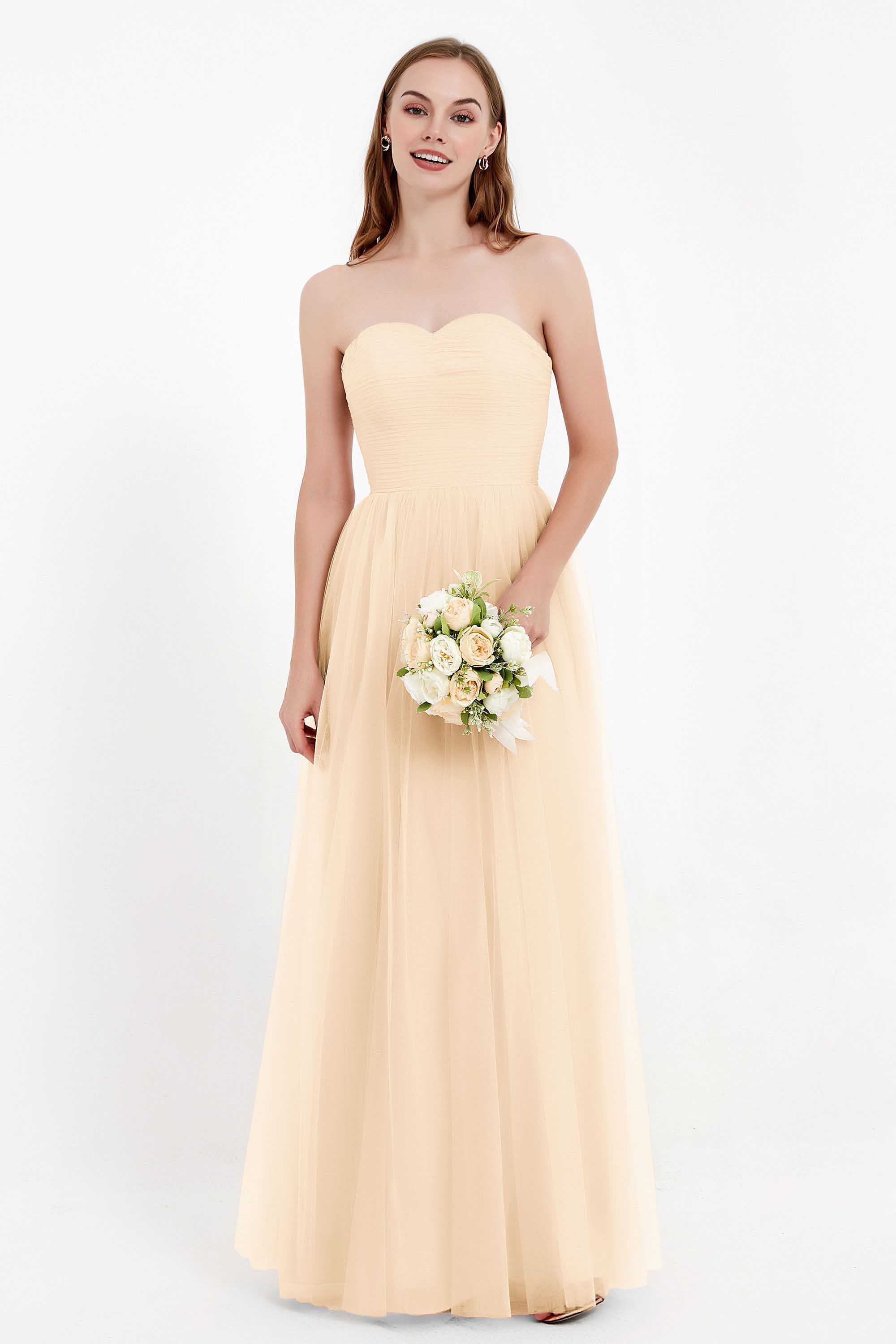 Sweetheart Neckline Tulle Bridesmaid Dress Long Pleated Ruched Formal Evening Gowns Dresses