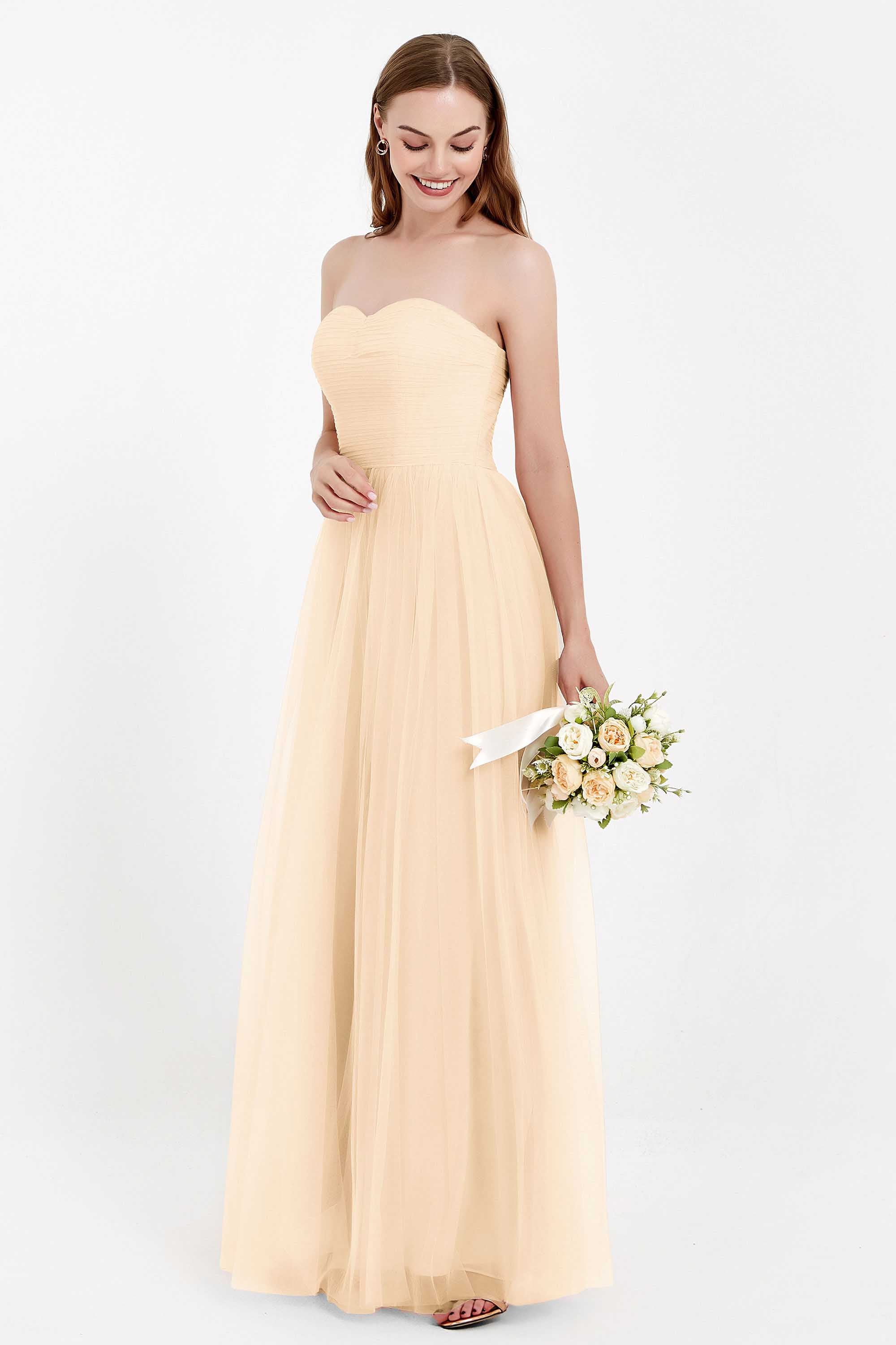 Sweetheart Neckline Tulle Bridesmaid Dress Long Pleated Ruched Formal Evening Gowns Dresses