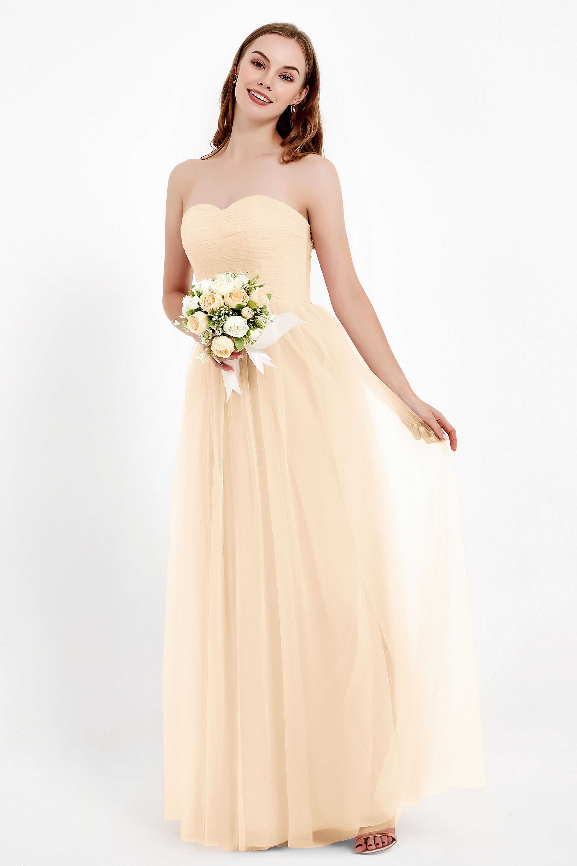 Sweetheart Neckline Tulle Bridesmaid Dress Long Pleated Ruched Formal Evening Gowns Dresses