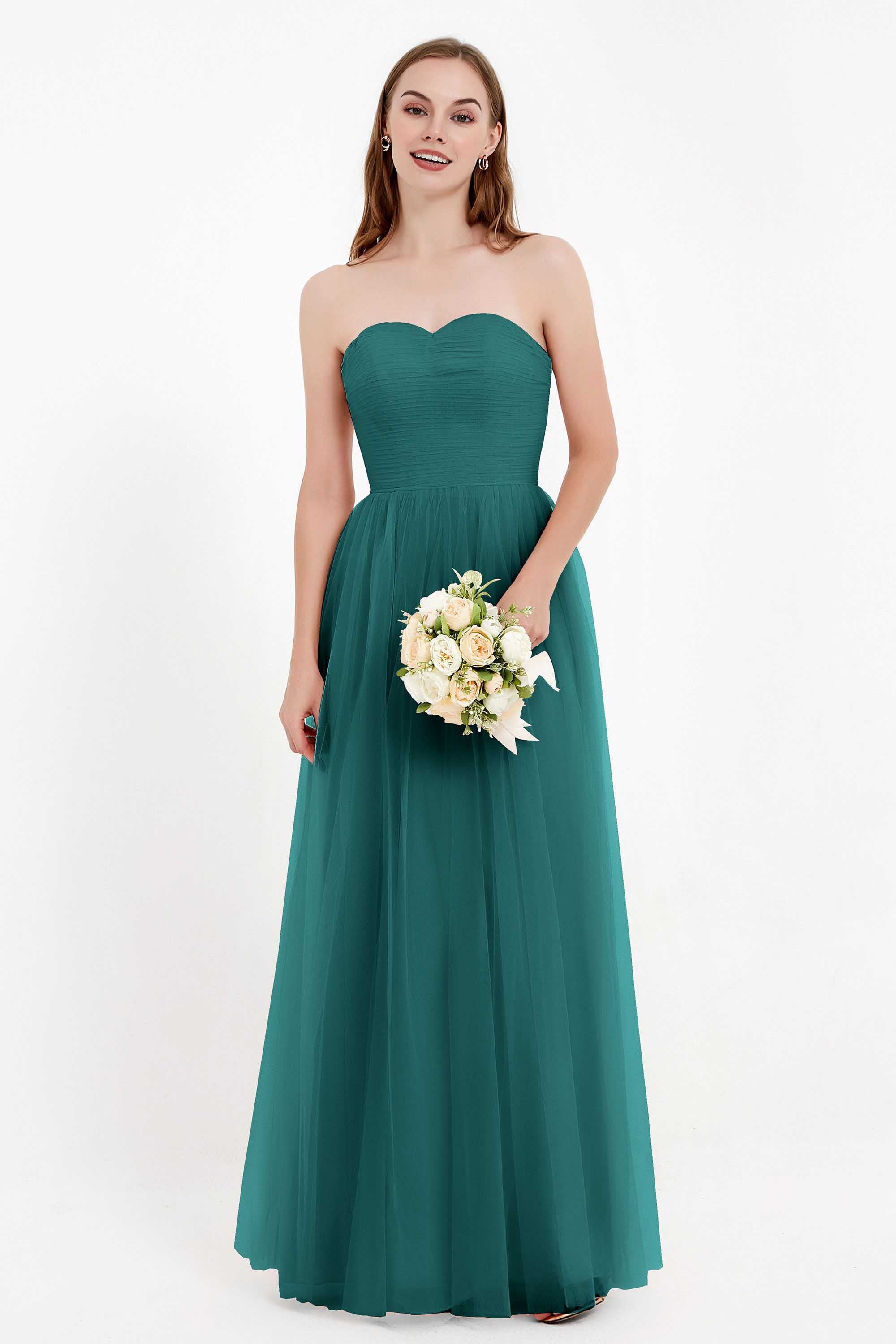 Sweetheart Neckline Tulle Bridesmaid Dress Long Pleated Ruched Formal Evening Gowns Dresses