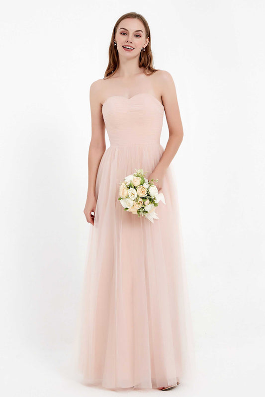 Sweetheart Neckline Tulle Bridesmaid Dress Long Pleated Ruched Formal Evening Gowns Dresses