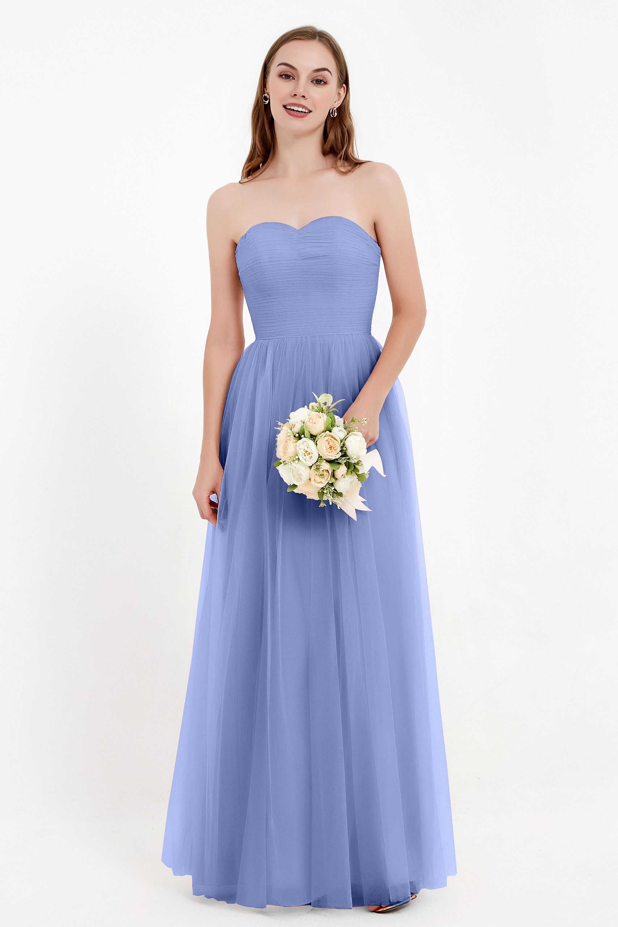 Sweetheart Neckline Tulle Bridesmaid Dress Long Pleated Ruched Formal Evening Gowns Dresses
