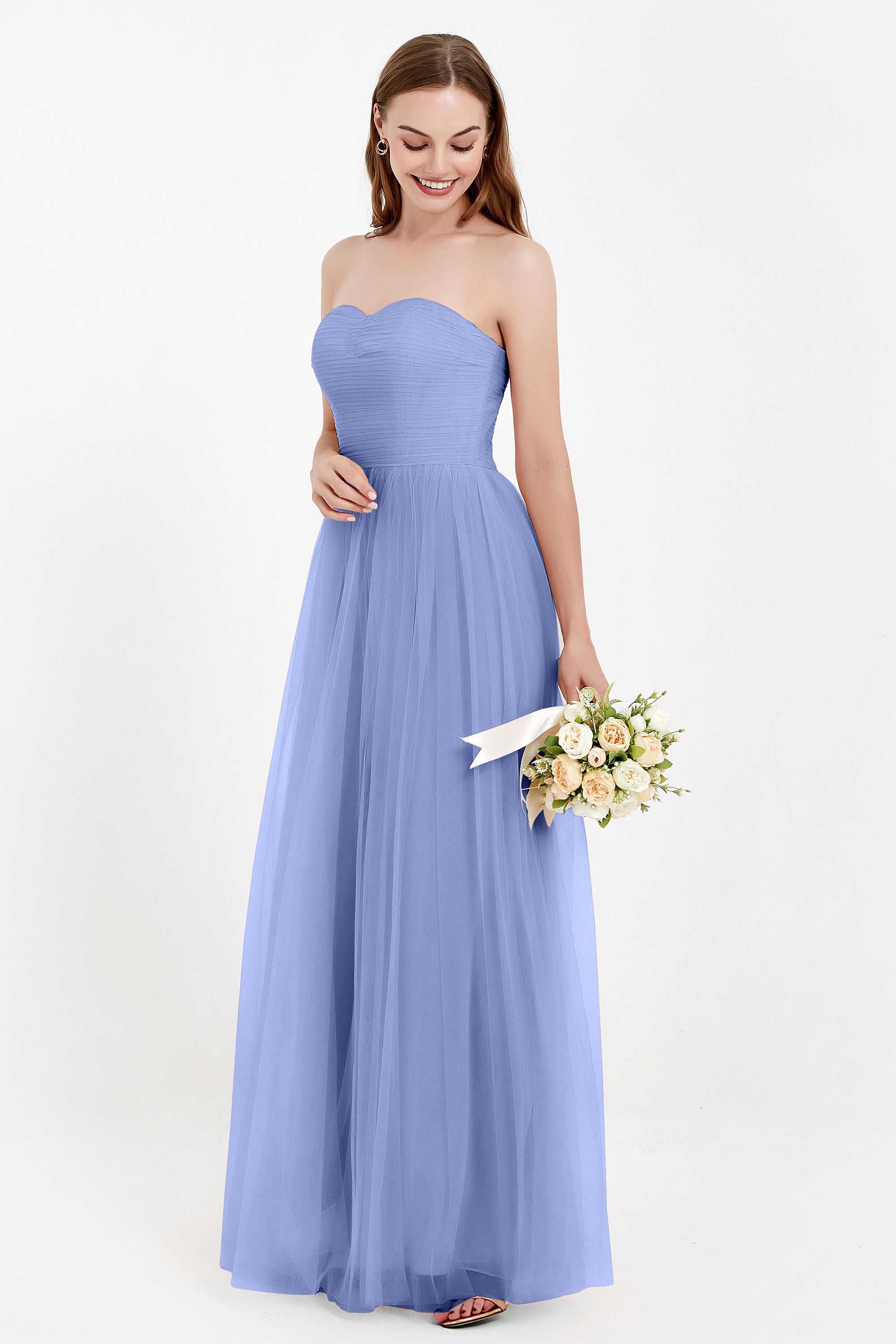 Sweetheart Neckline Tulle Bridesmaid Dress Long Pleated Ruched Formal Evening Gowns Dresses