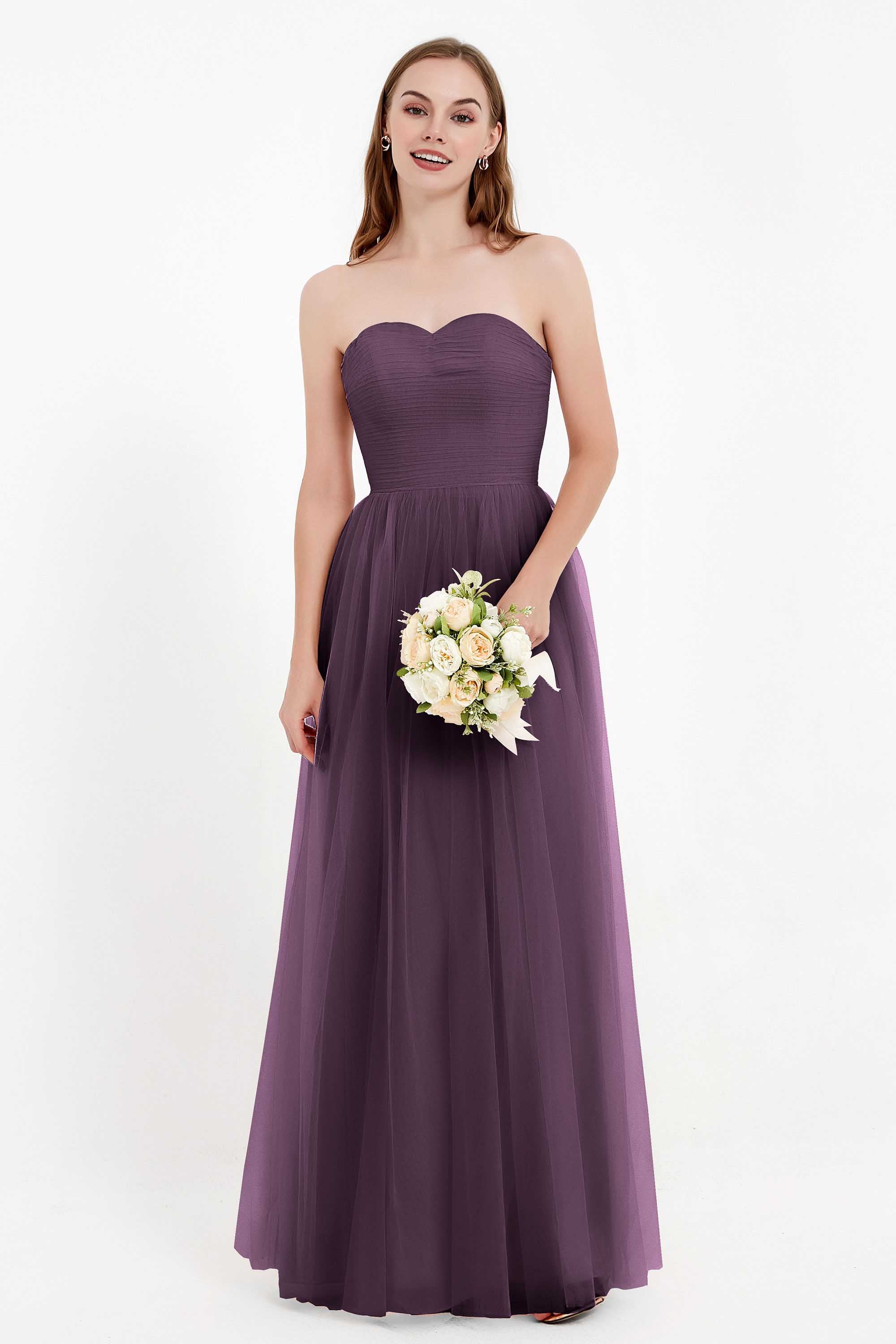 Sweetheart Neckline Tulle Bridesmaid Dress Long Pleated Ruched Formal Evening Gowns Dresses