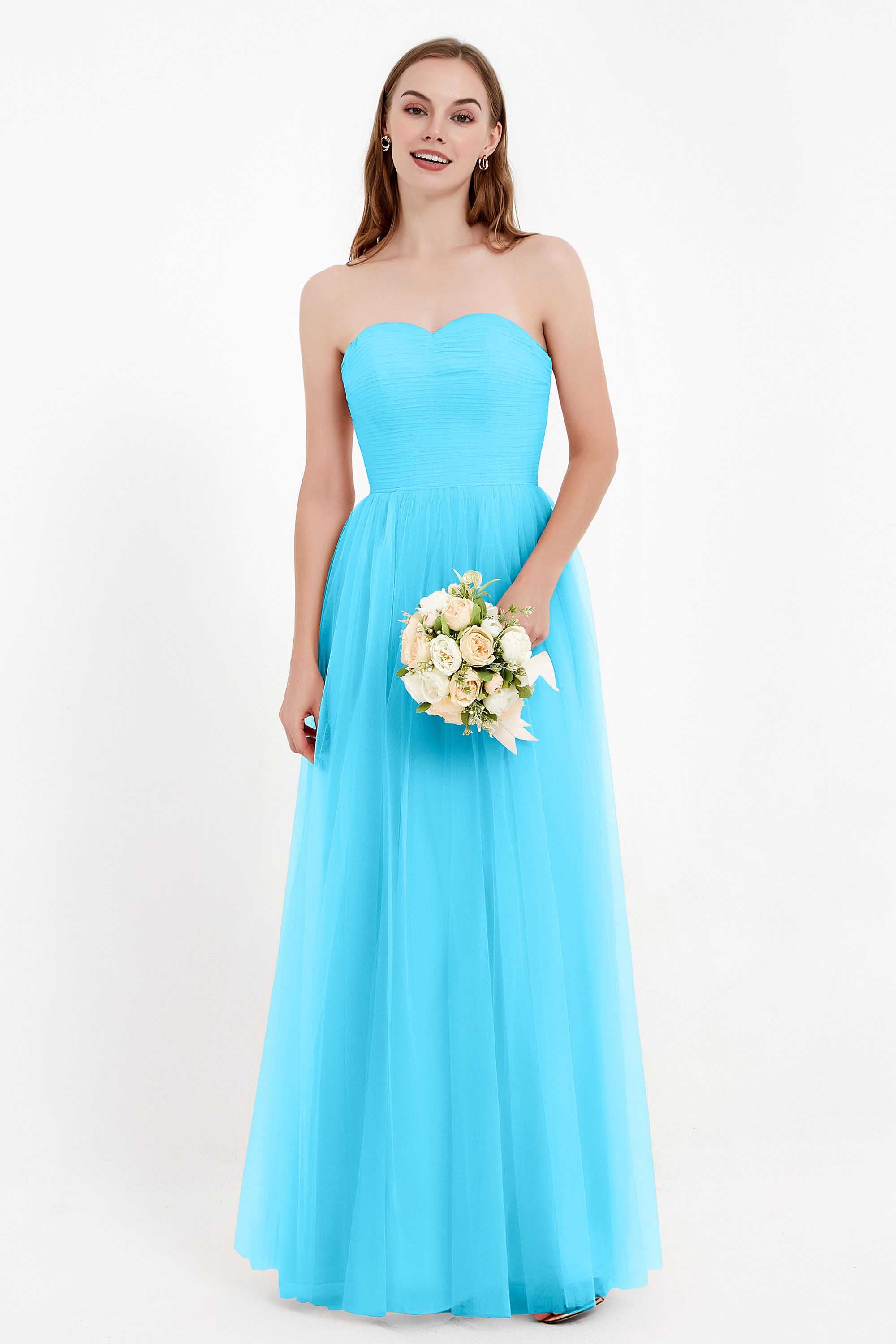 Sweetheart Neckline Tulle Bridesmaid Dress Long Pleated Ruched Formal Evening Gowns Dresses