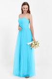 Sweetheart Neckline Tulle Bridesmaid Dress Long Pleated Ruched Formal Evening Gowns Dresses