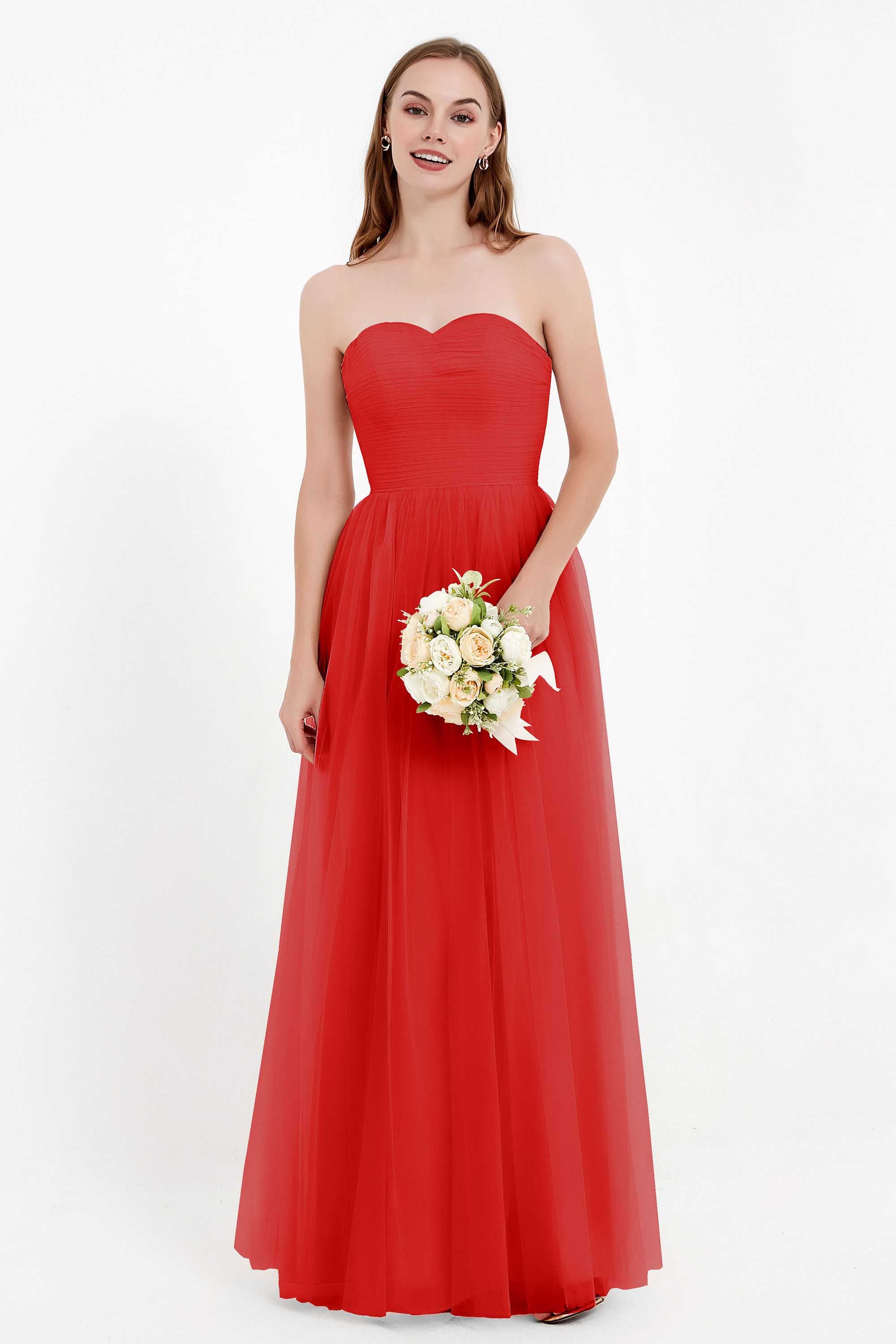 Sweetheart Neckline Tulle Bridesmaid Dress Long Pleated Ruched Formal Evening Gowns Dresses