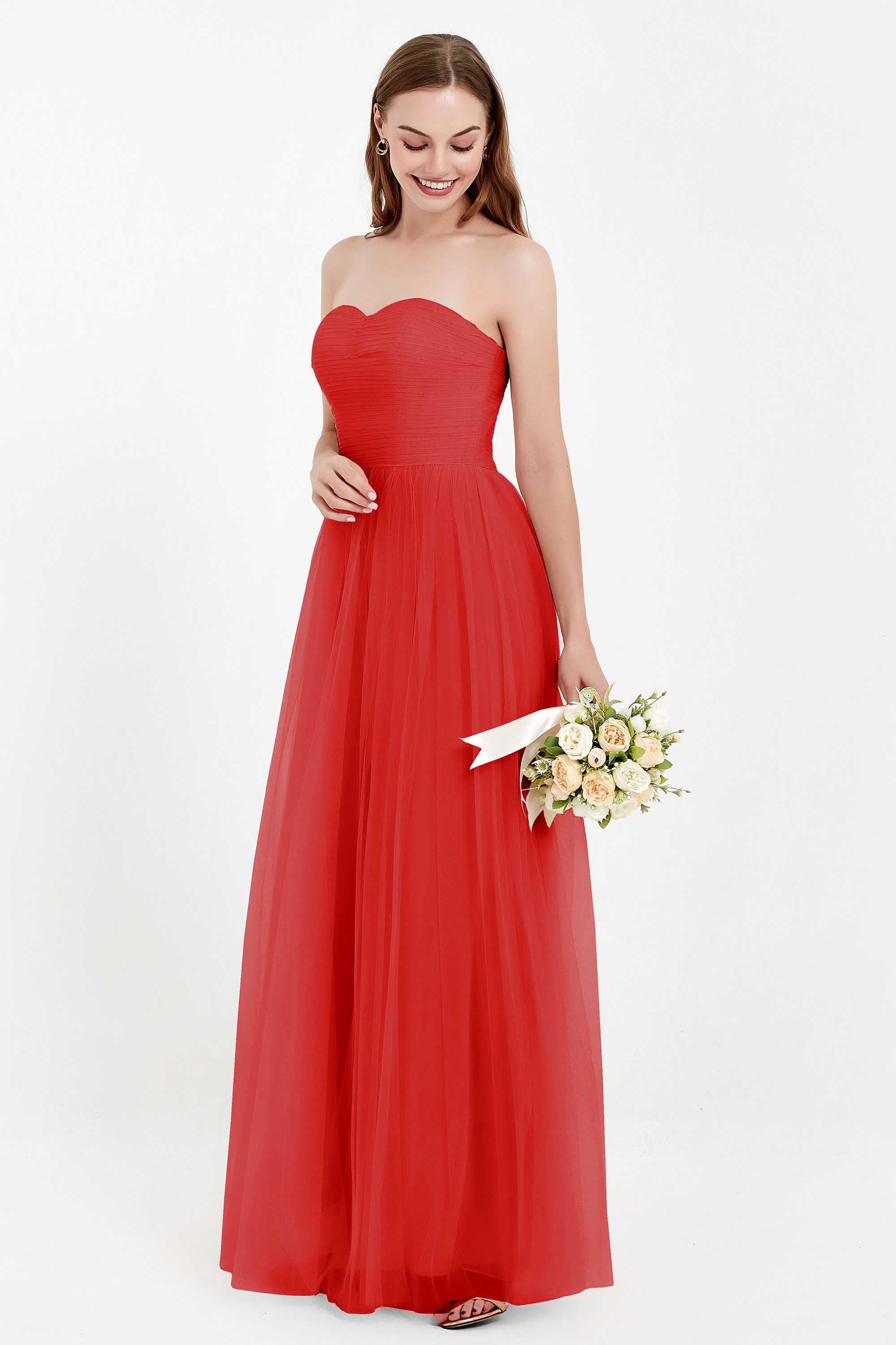 Sweetheart Neckline Tulle Bridesmaid Dress Long Pleated Ruched Formal Evening Gowns Dresses