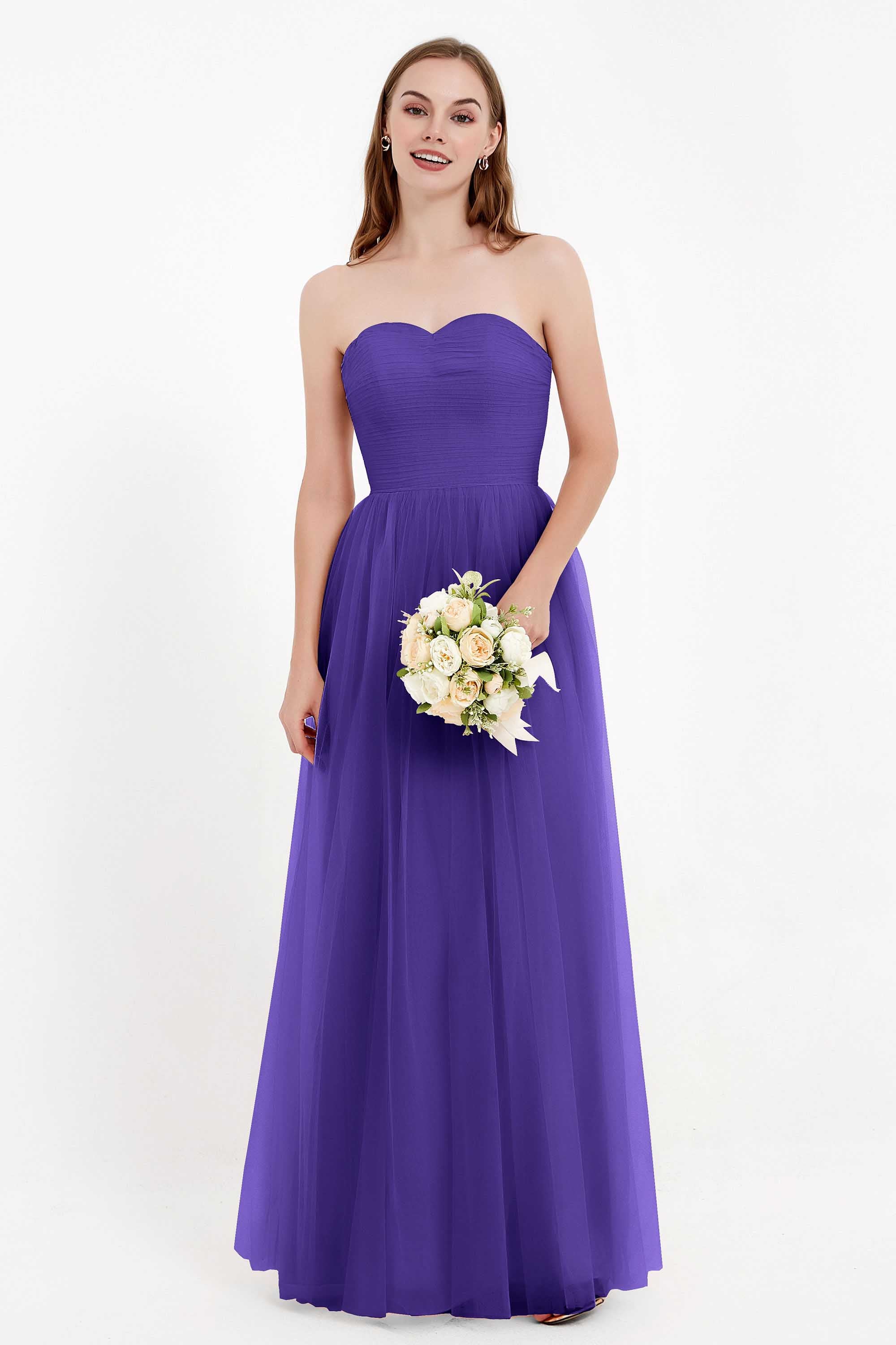 Sweetheart Neckline Tulle Bridesmaid Dress Long Pleated Ruched Formal Evening Gowns Dresses