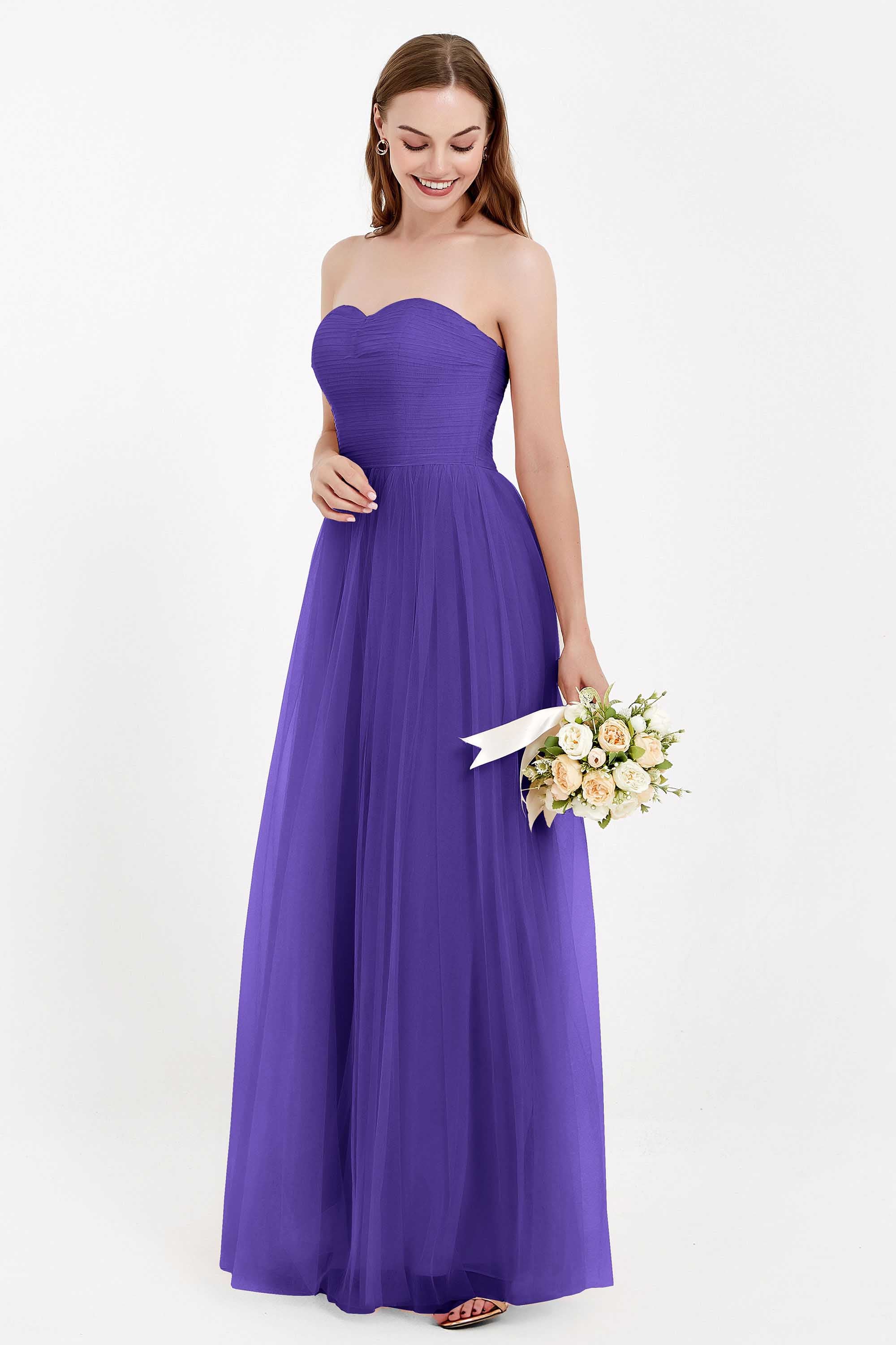 Sweetheart Neckline Tulle Bridesmaid Dress Long Pleated Ruched Formal Evening Gowns Dresses