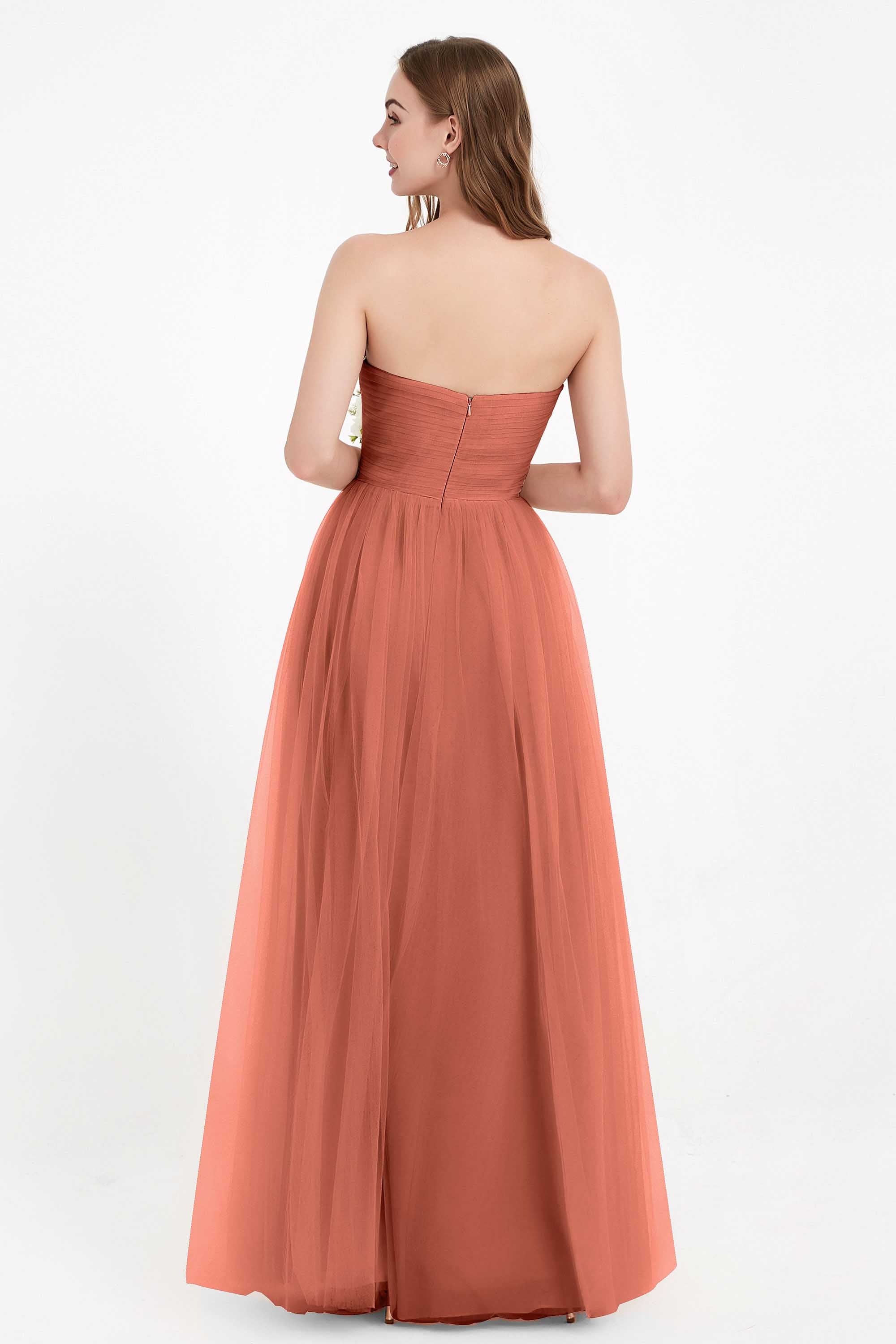 Sweetheart Neckline Tulle Bridesmaid Dress Long Pleated Ruched Formal Evening Gowns Dresses
