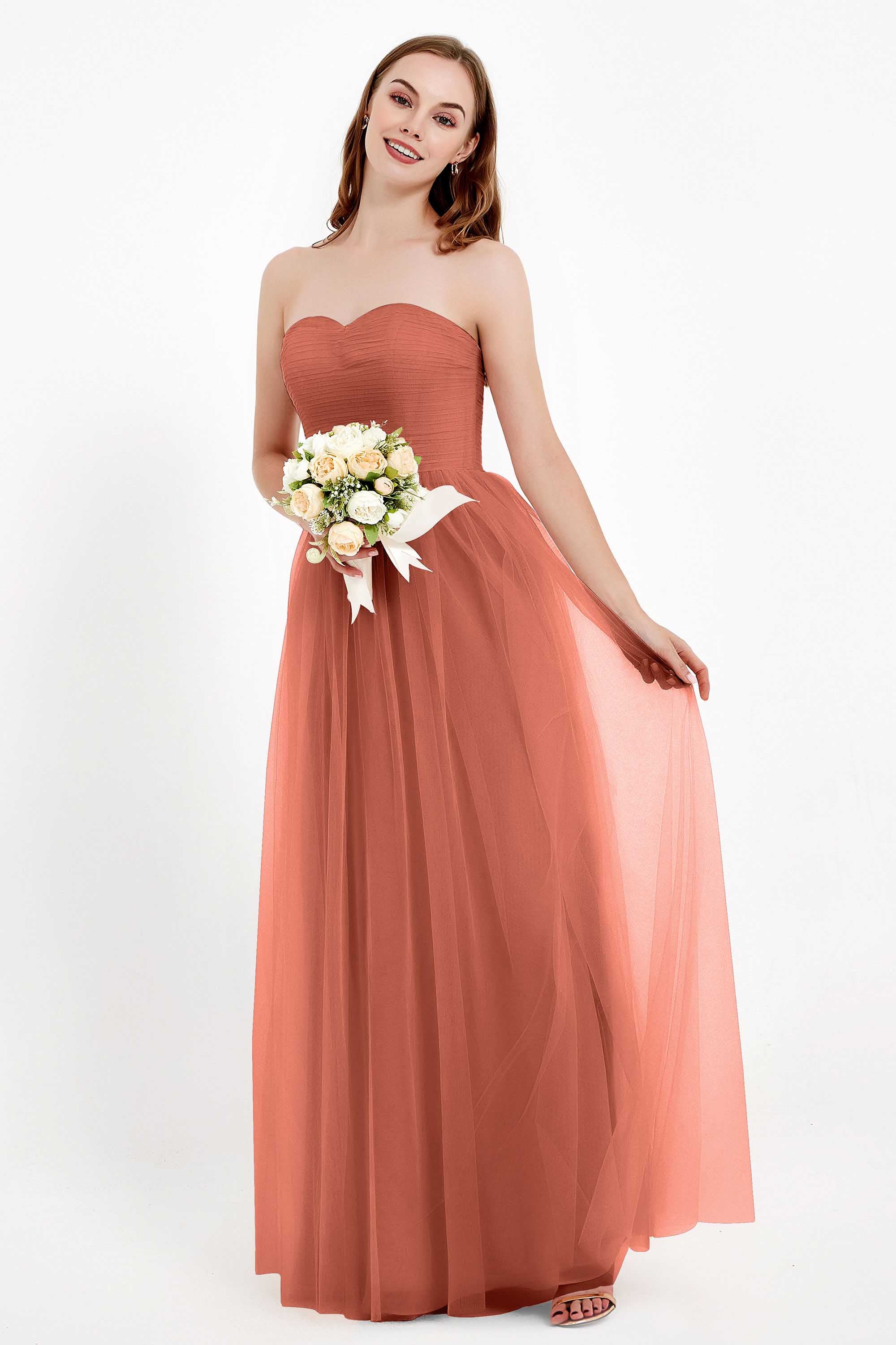 Sweetheart Neckline Tulle Bridesmaid Dress Long Pleated Ruched Formal Evening Gowns Dresses