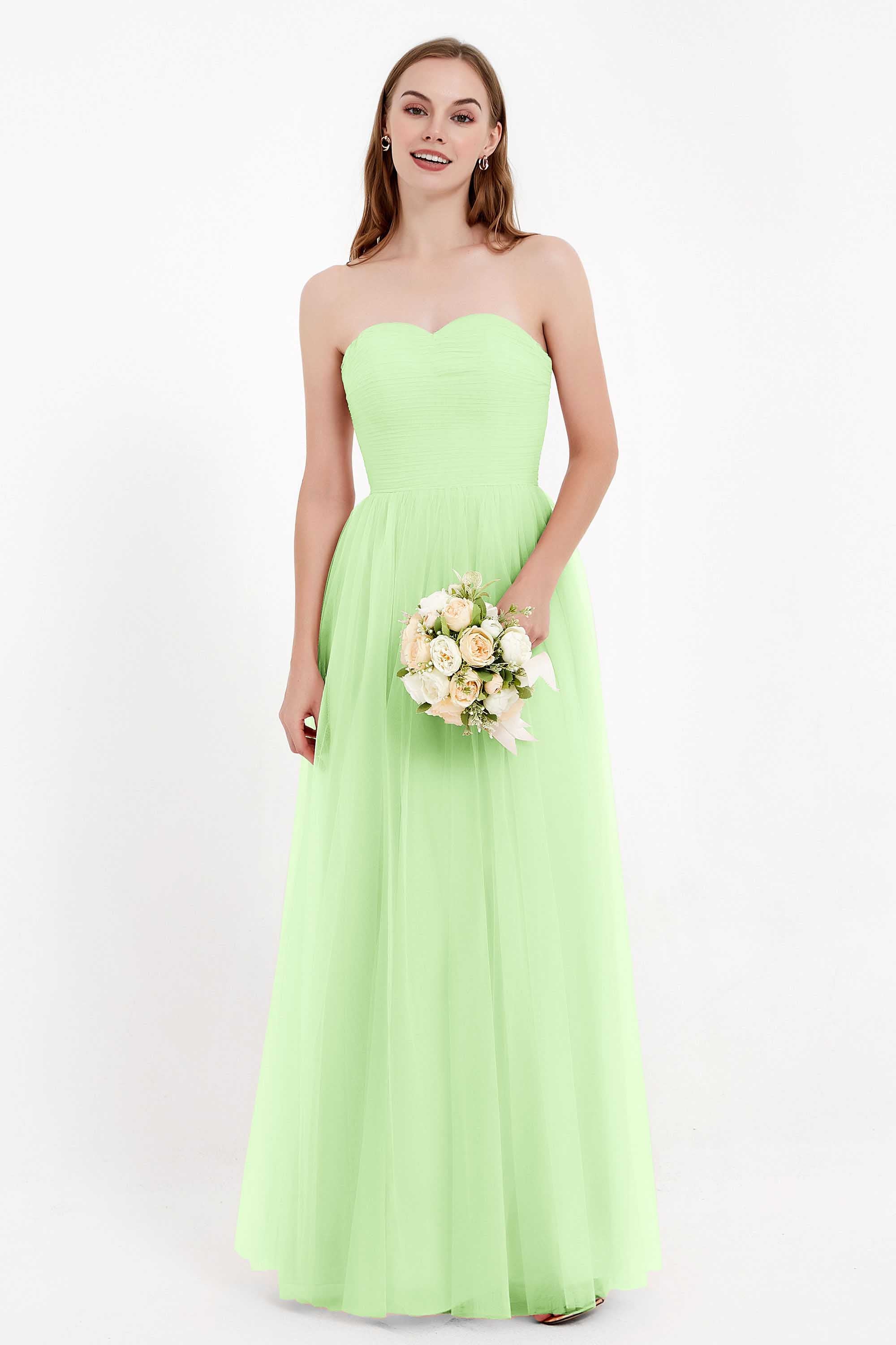 Sweetheart Neckline Tulle Bridesmaid Dress Long Pleated Ruched Formal Evening Gowns Dresses