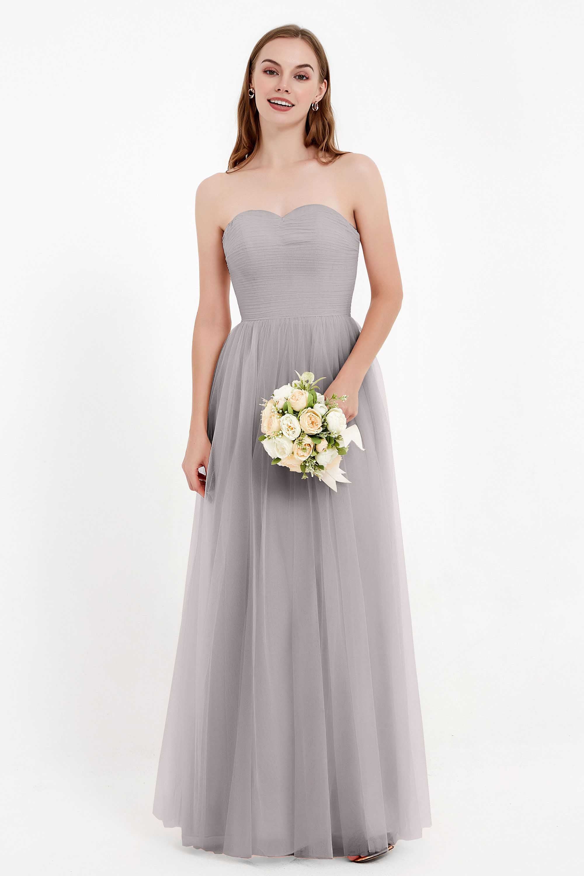 Sweetheart Neckline Tulle Bridesmaid Dress Long Pleated Ruched Formal Evening Gowns Dresses