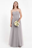 Sweetheart Neckline Tulle Bridesmaid Dress Long Pleated Ruched Formal Evening Gowns Dresses
