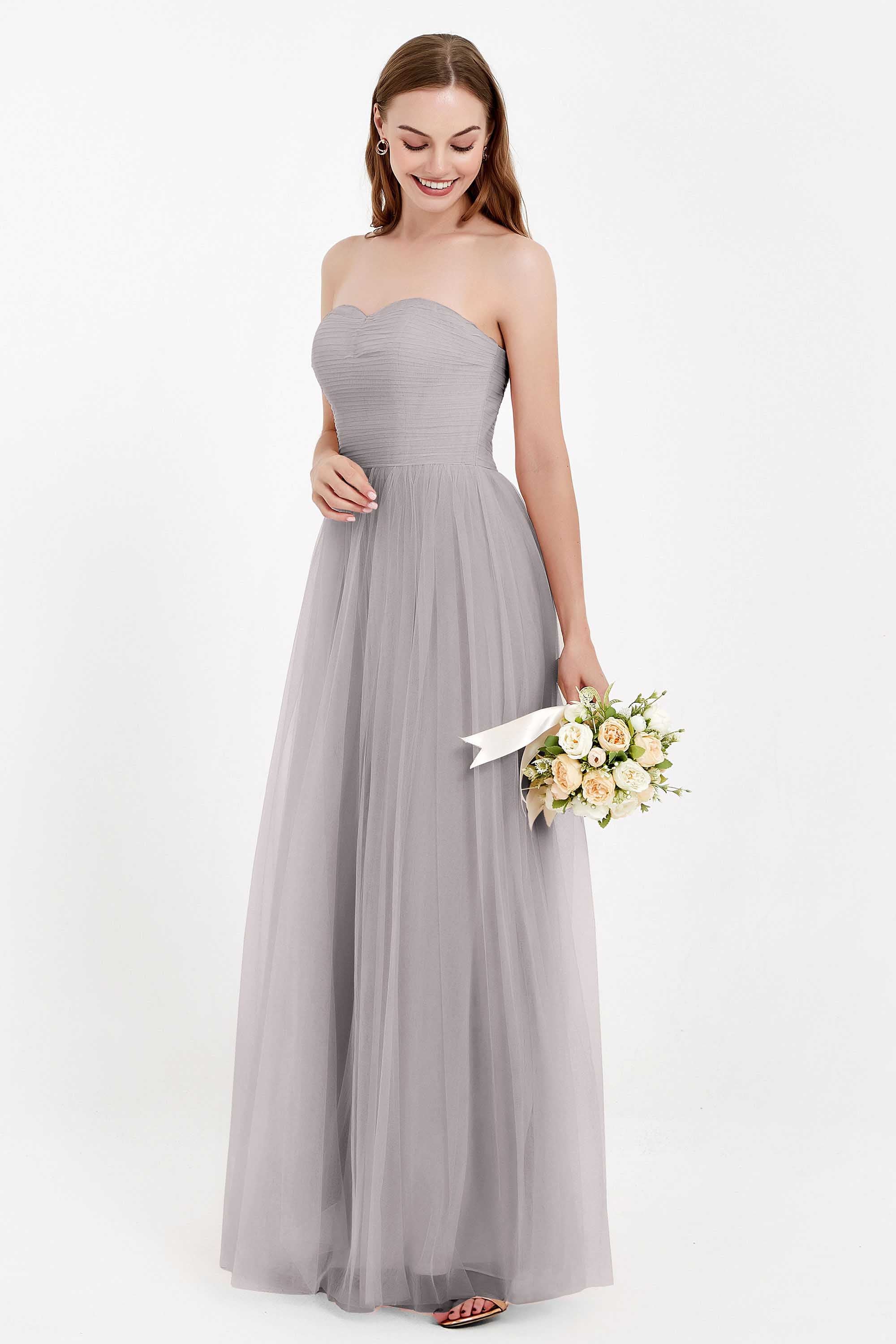 Sweetheart Neckline Tulle Bridesmaid Dress Long Pleated Ruched Formal Evening Gowns Dresses