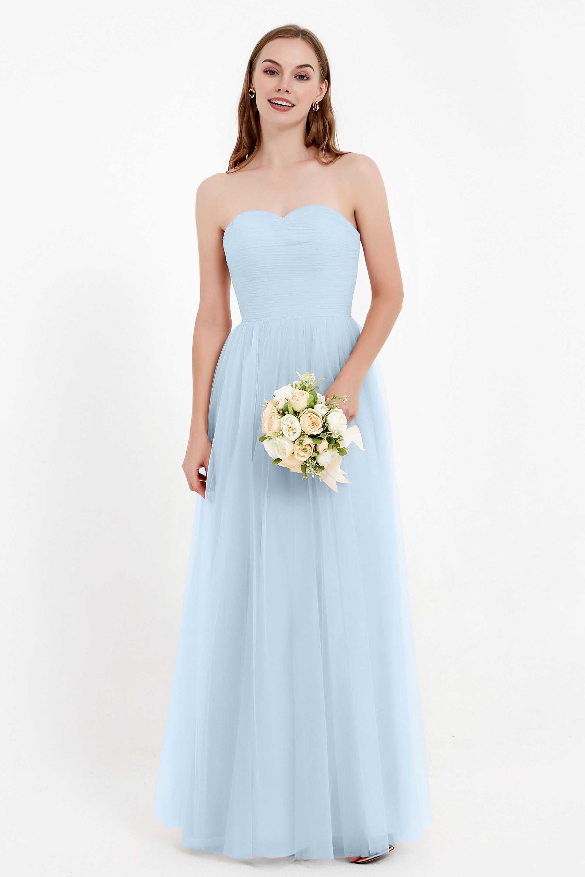 Sweetheart Neckline Tulle Bridesmaid Dress Long Pleated Ruched Formal Evening Gowns Dresses
