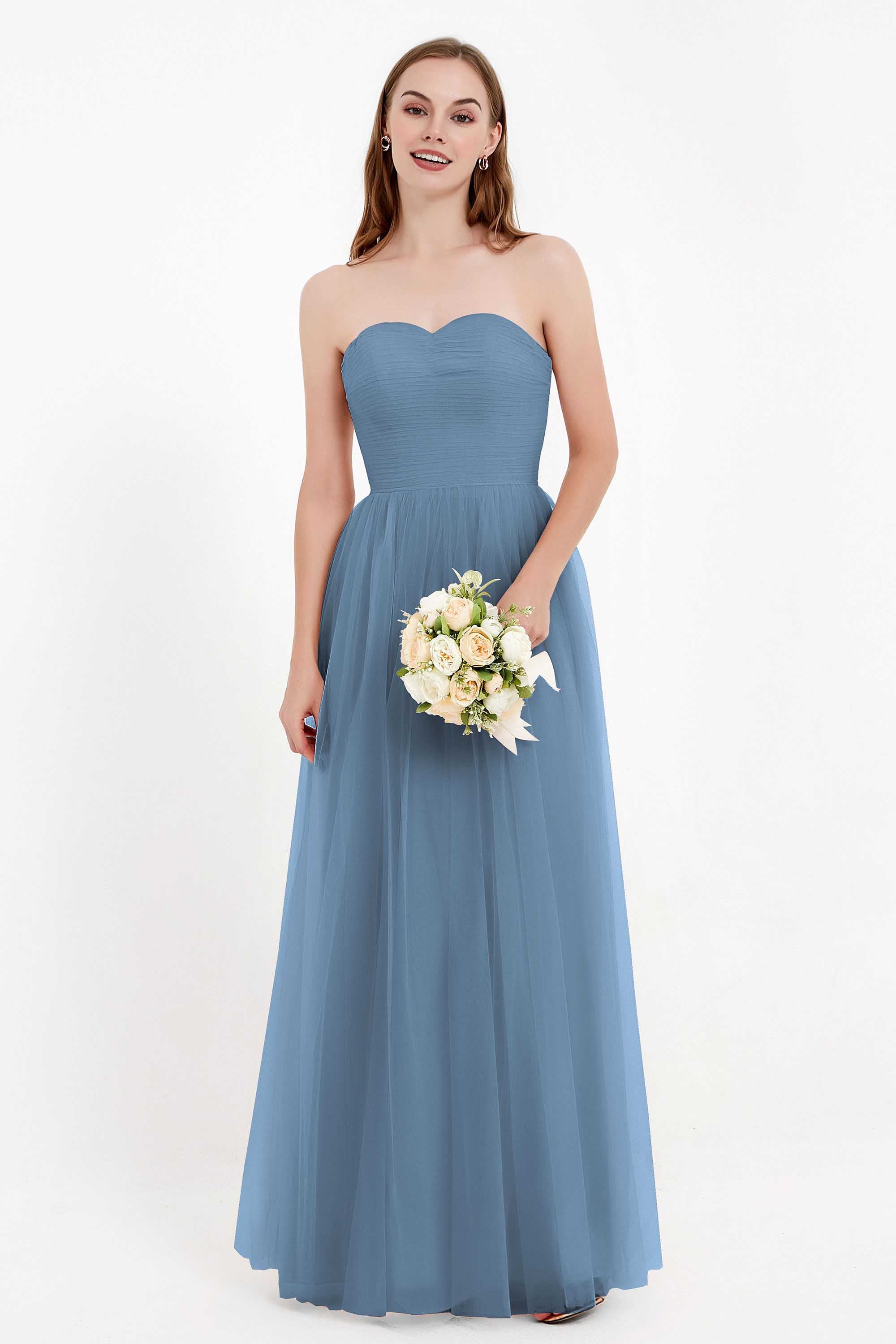 Sweetheart Neckline Tulle Bridesmaid Dress Long Pleated Ruched Formal Evening Gowns Dresses