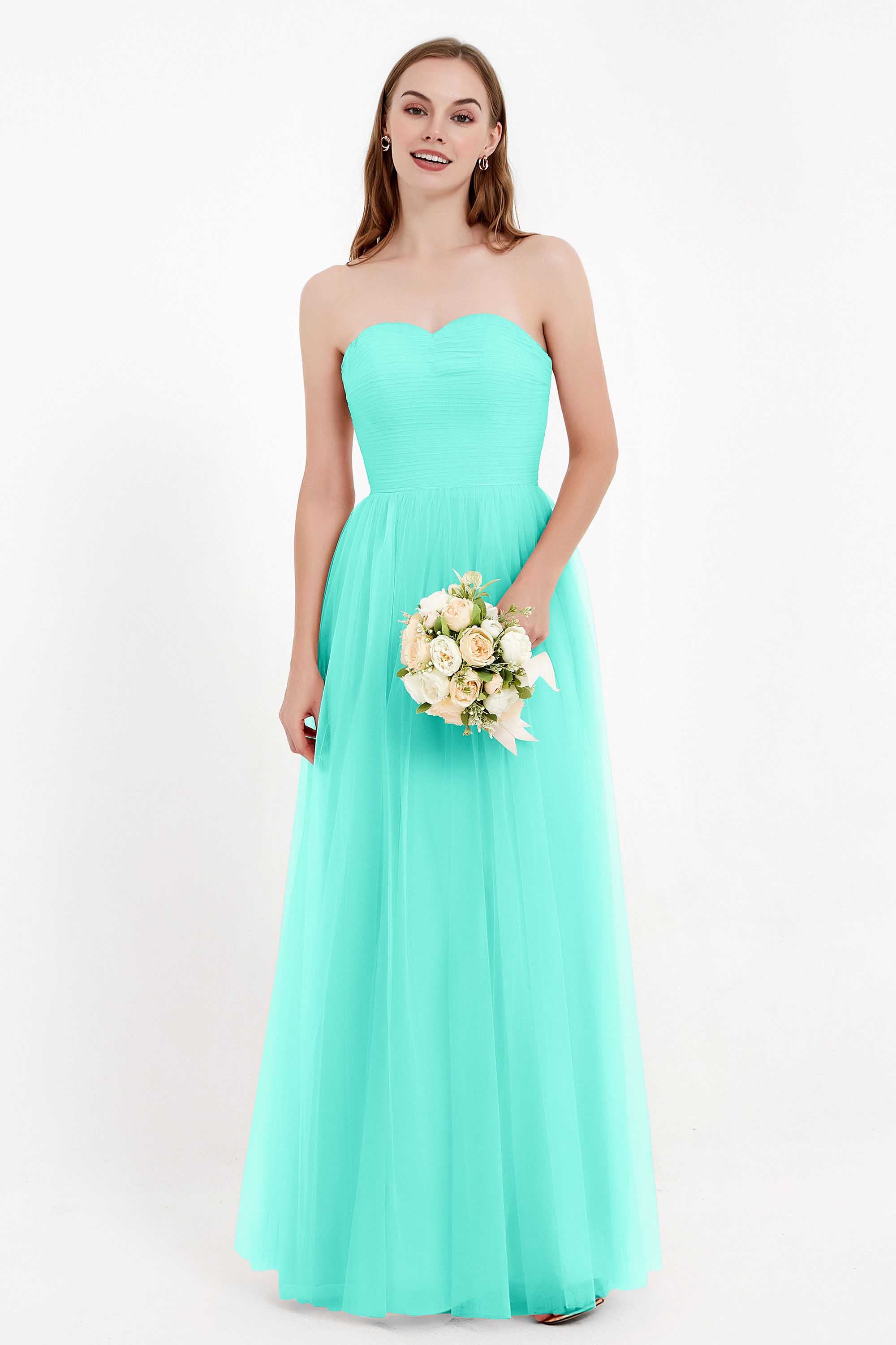 Sweetheart Neckline Tulle Bridesmaid Dress Long Pleated Ruched Formal Evening Gowns Dresses