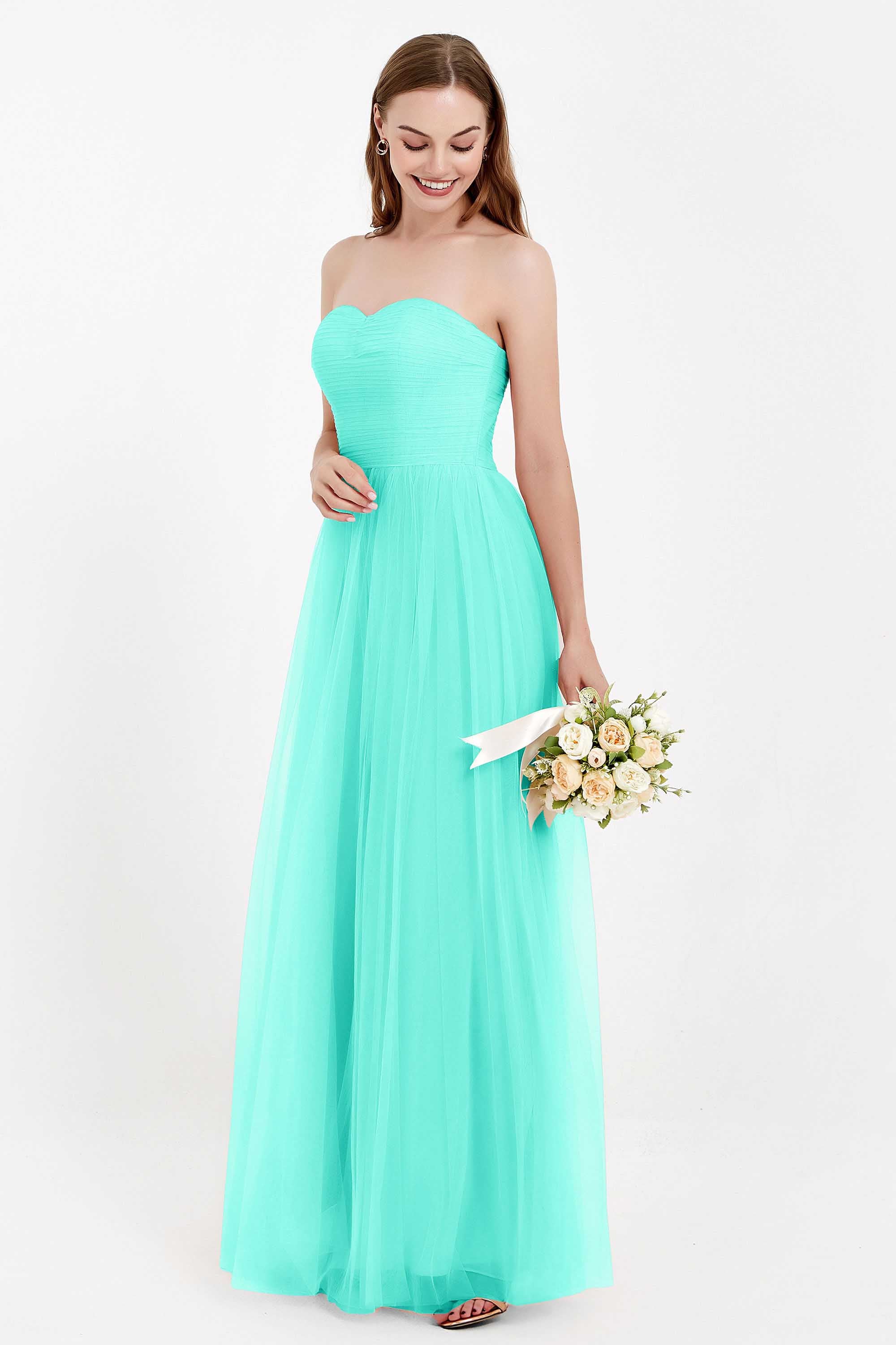 Sweetheart Neckline Tulle Bridesmaid Dress Long Pleated Ruched Formal Evening Gowns Dresses