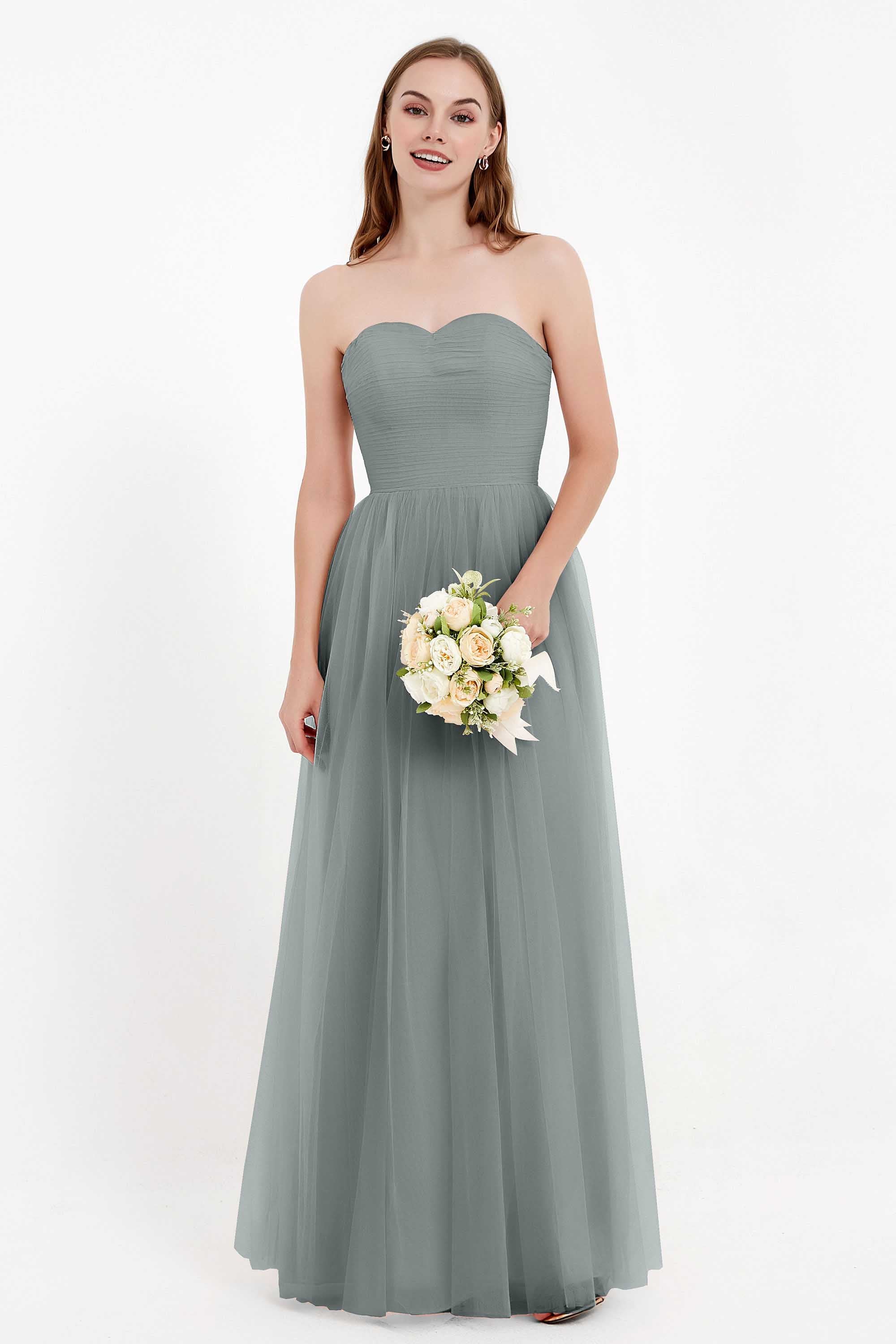 Sweetheart Neckline Tulle Bridesmaid Dress Long Pleated Ruched Formal Evening Gowns Dresses