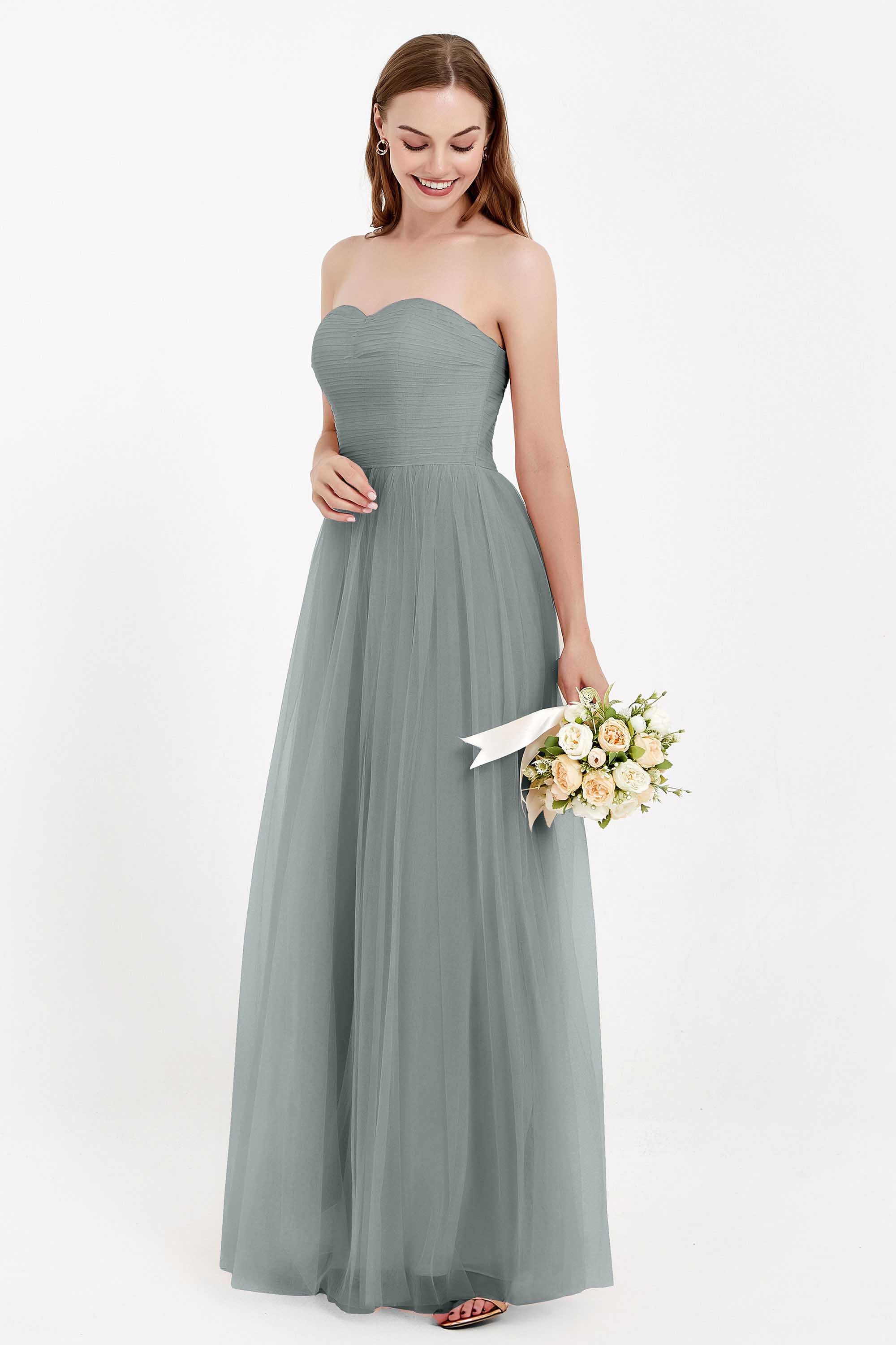Sweetheart Neckline Tulle Bridesmaid Dress Long Pleated Ruched Formal Evening Gowns Dresses