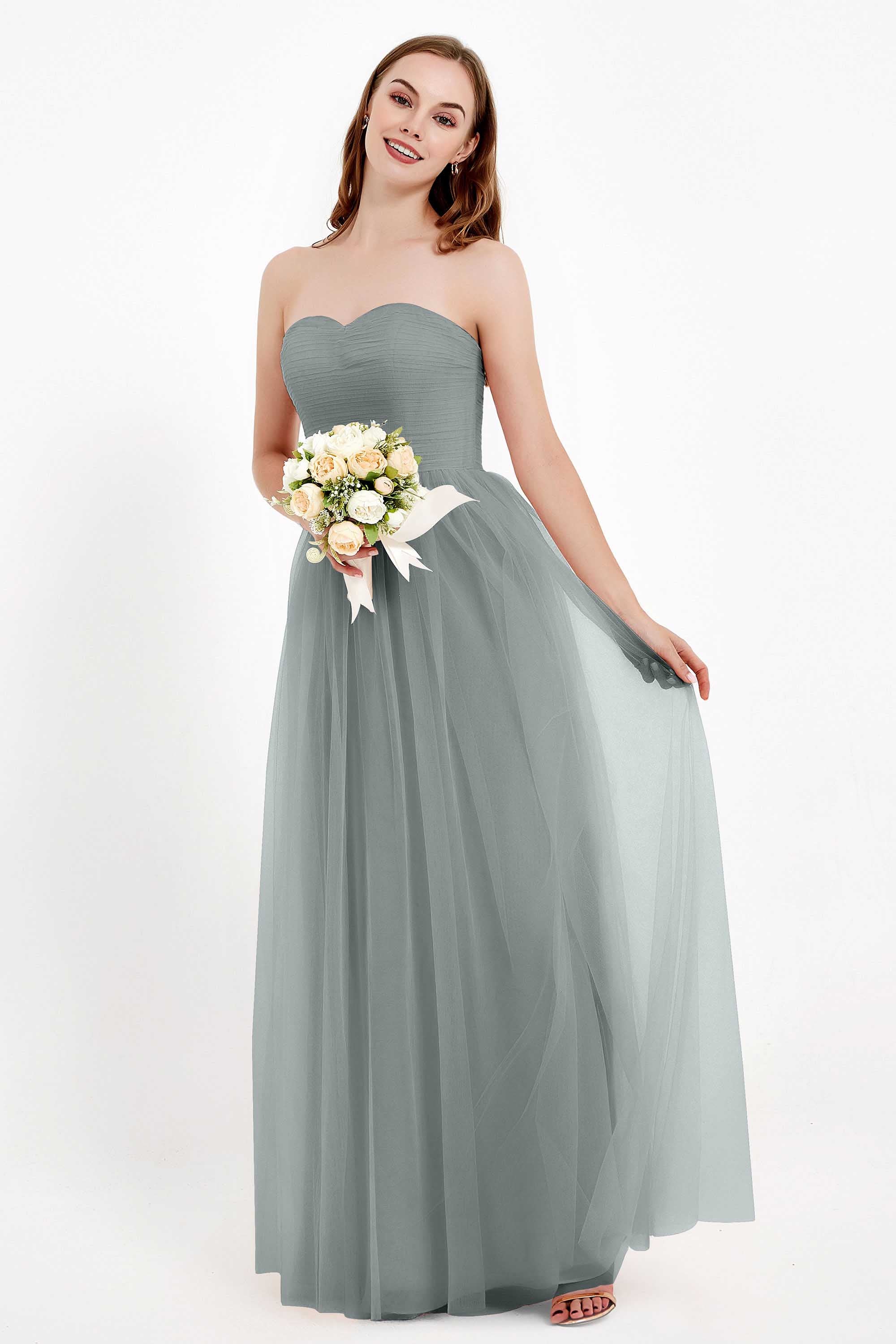 Sweetheart Neckline Tulle Bridesmaid Dress Long Pleated Ruched Formal Evening Gowns Dresses