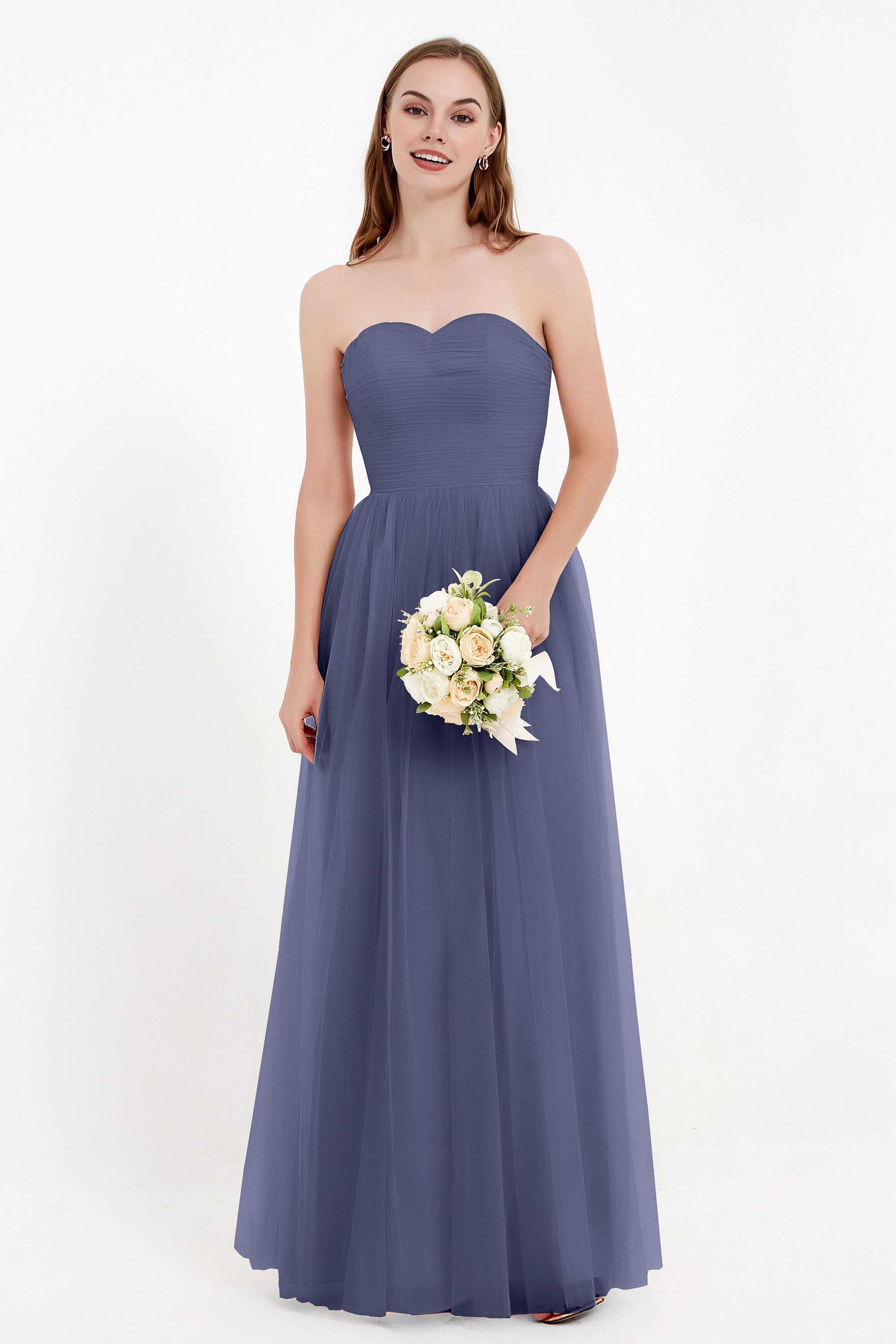 Sweetheart Neckline Tulle Bridesmaid Dress Long Pleated Ruched Formal Evening Gowns Dresses