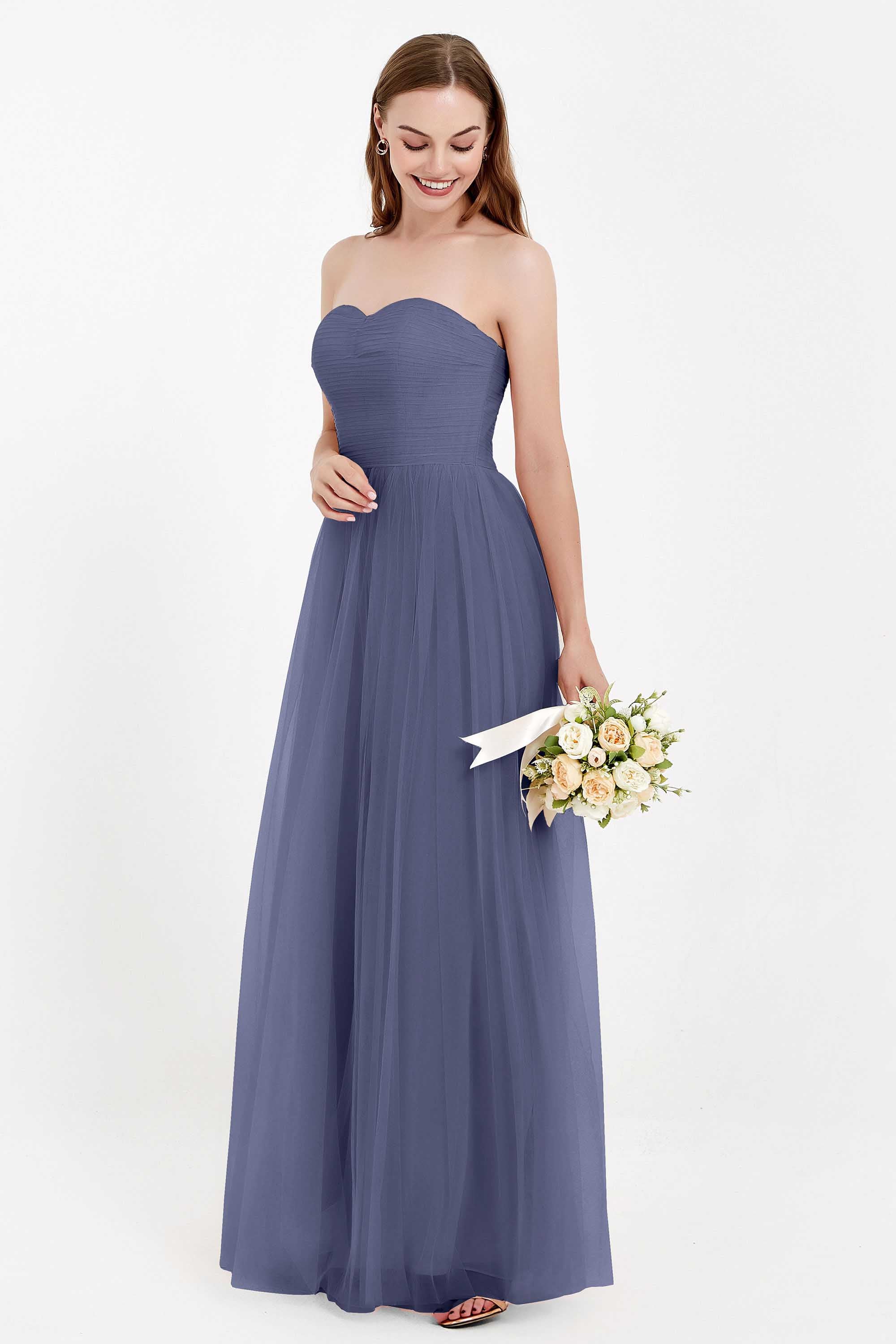 Sweetheart Neckline Tulle Bridesmaid Dress Long Pleated Ruched Formal Evening Gowns Dresses