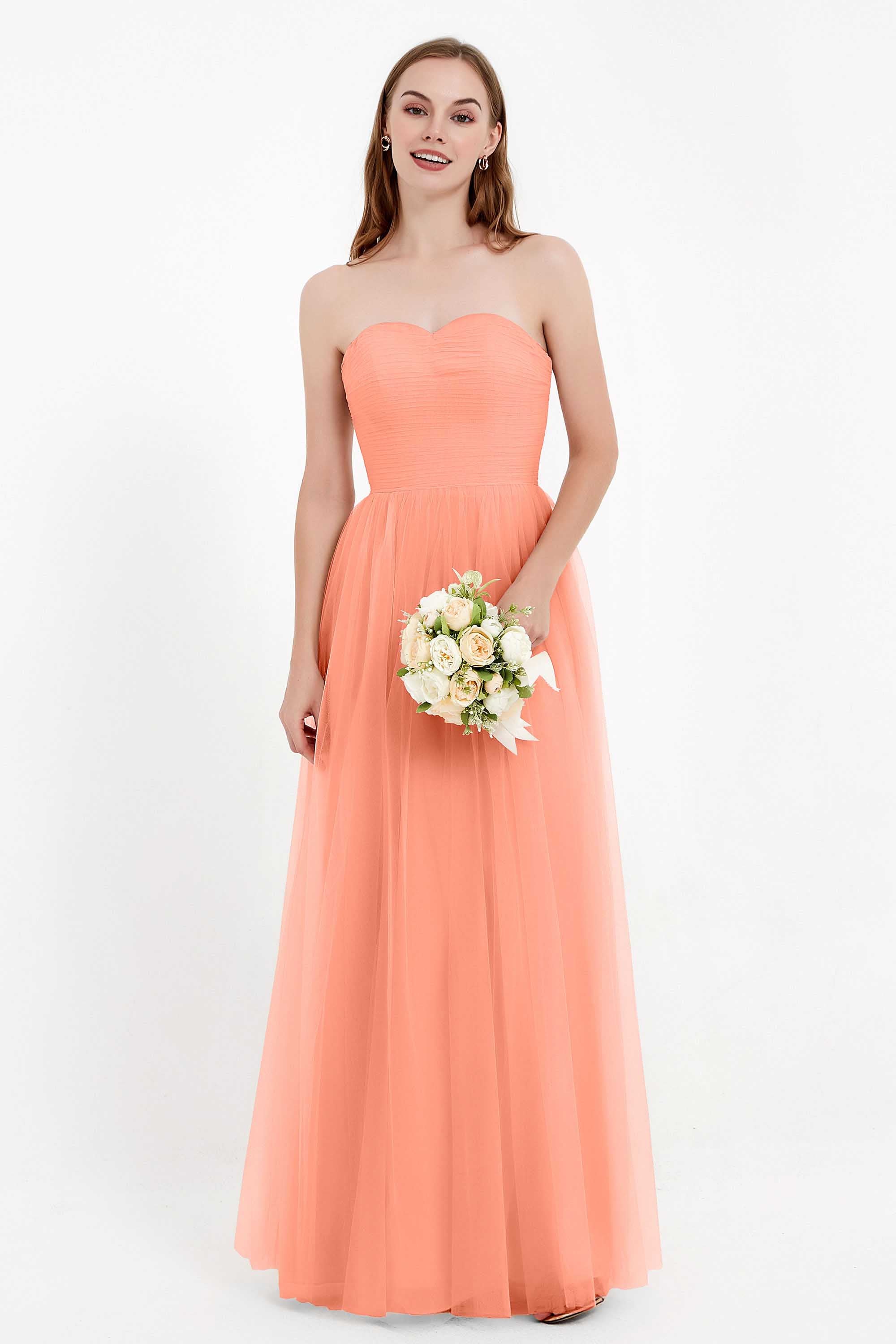 Sweetheart Neckline Tulle Bridesmaid Dress Long Pleated Ruched Formal Evening Gowns Dresses