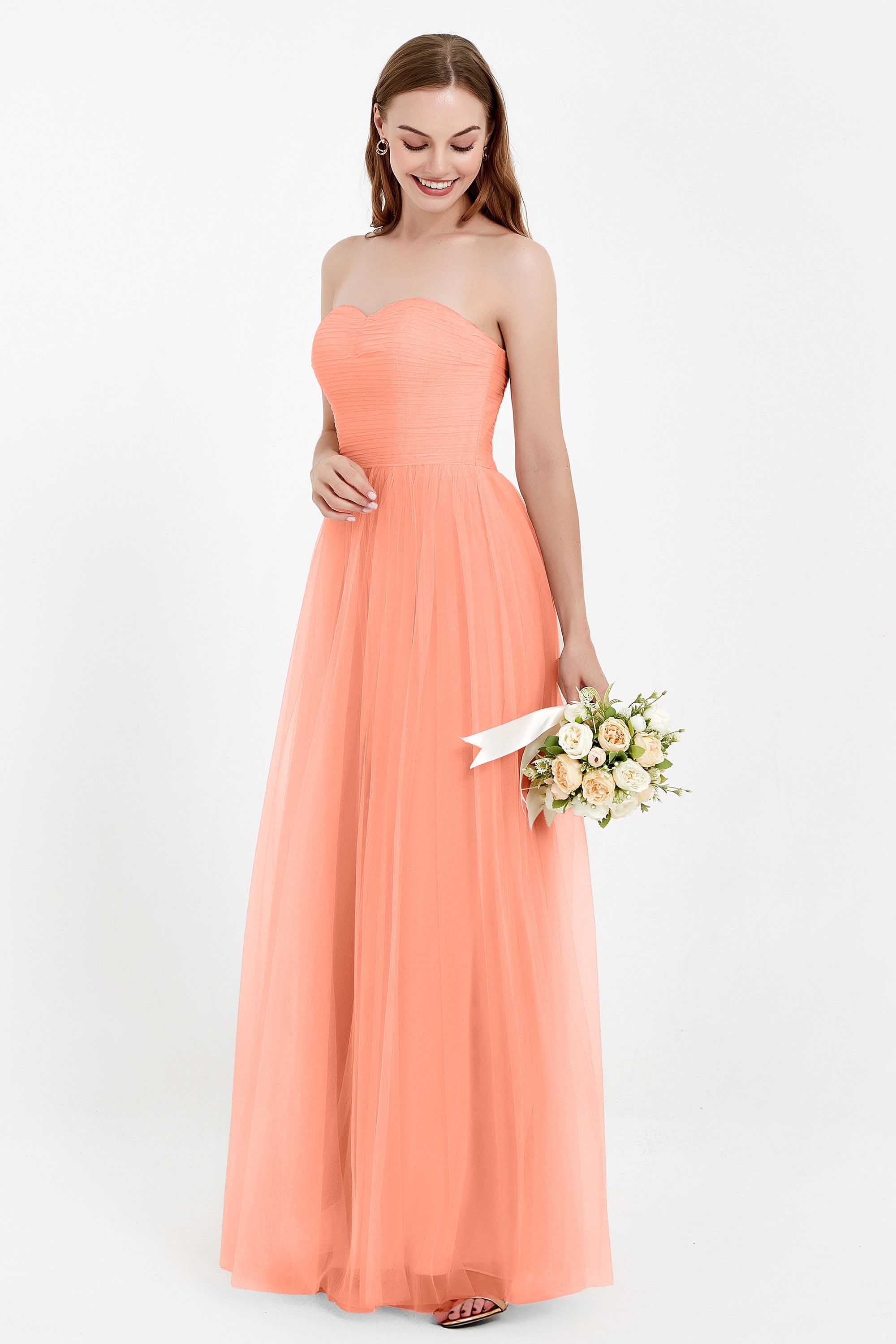 Sweetheart Neckline Tulle Bridesmaid Dress Long Pleated Ruched Formal Evening Gowns Dresses