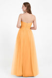 Sweetheart Neckline Tulle Bridesmaid Dress Long Pleated Ruched Formal Evening Gowns Dresses